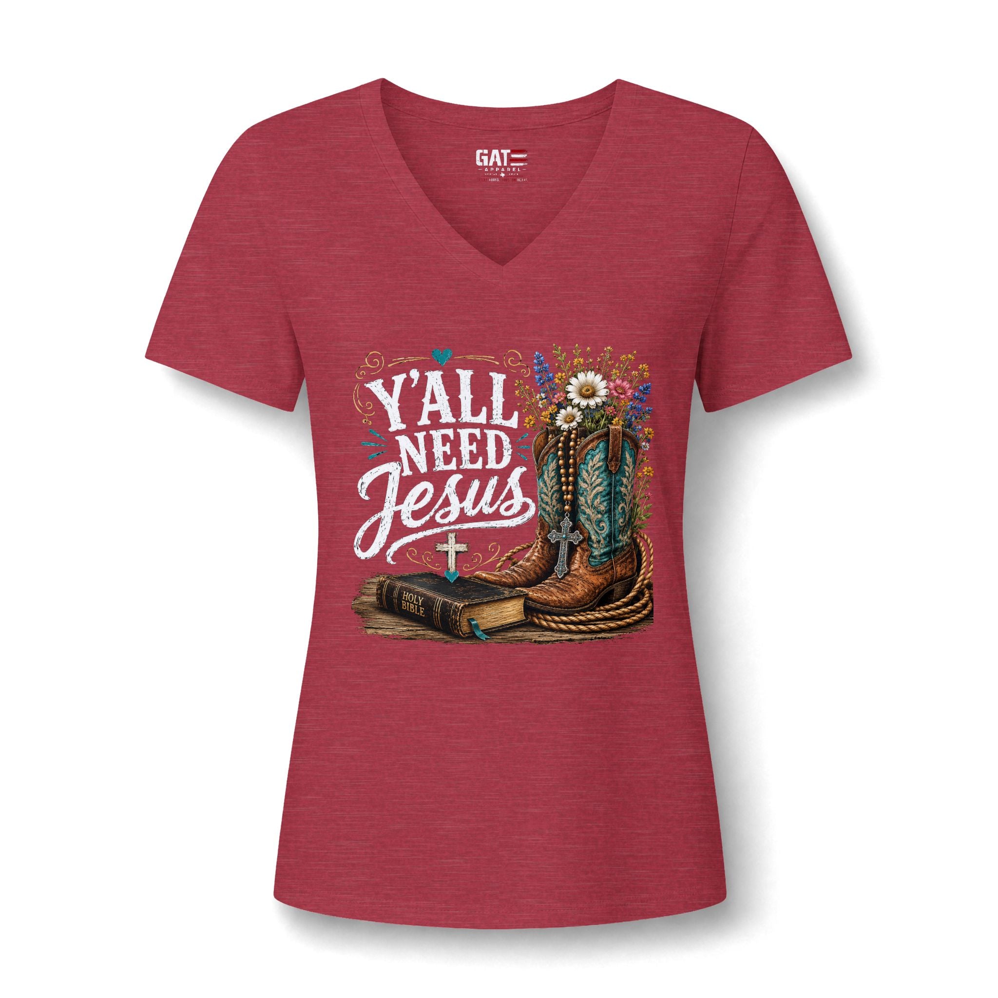 Y'all Need Jesus V-Neck Tee — Floral Cowboy Boots Christian Women's T‑Shirt