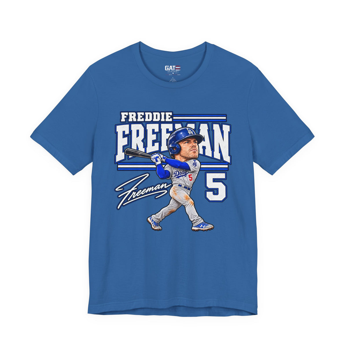 Freddie Freeman number 5 Dodgers baseball graphic T-shirt, blue front view