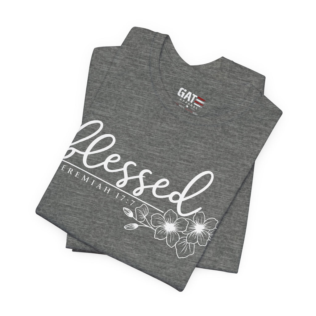 Blessed Floral Tee — 'Blessed' Script T-Shirt with Jeremiah 17:7 Bible Verse