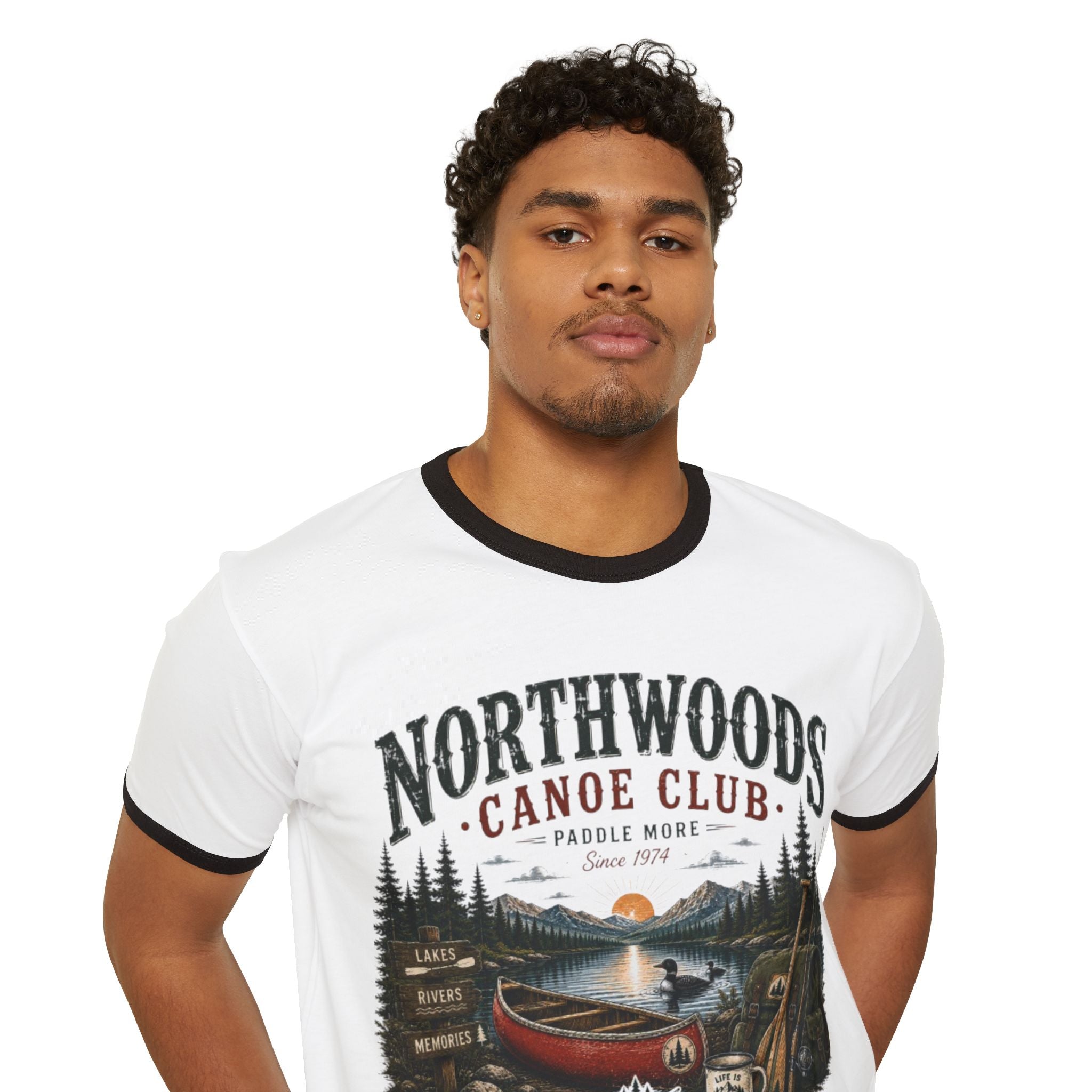 Northwoods Canoe Club Ringer T-Shirt — Vintage Camping Lake Graphic