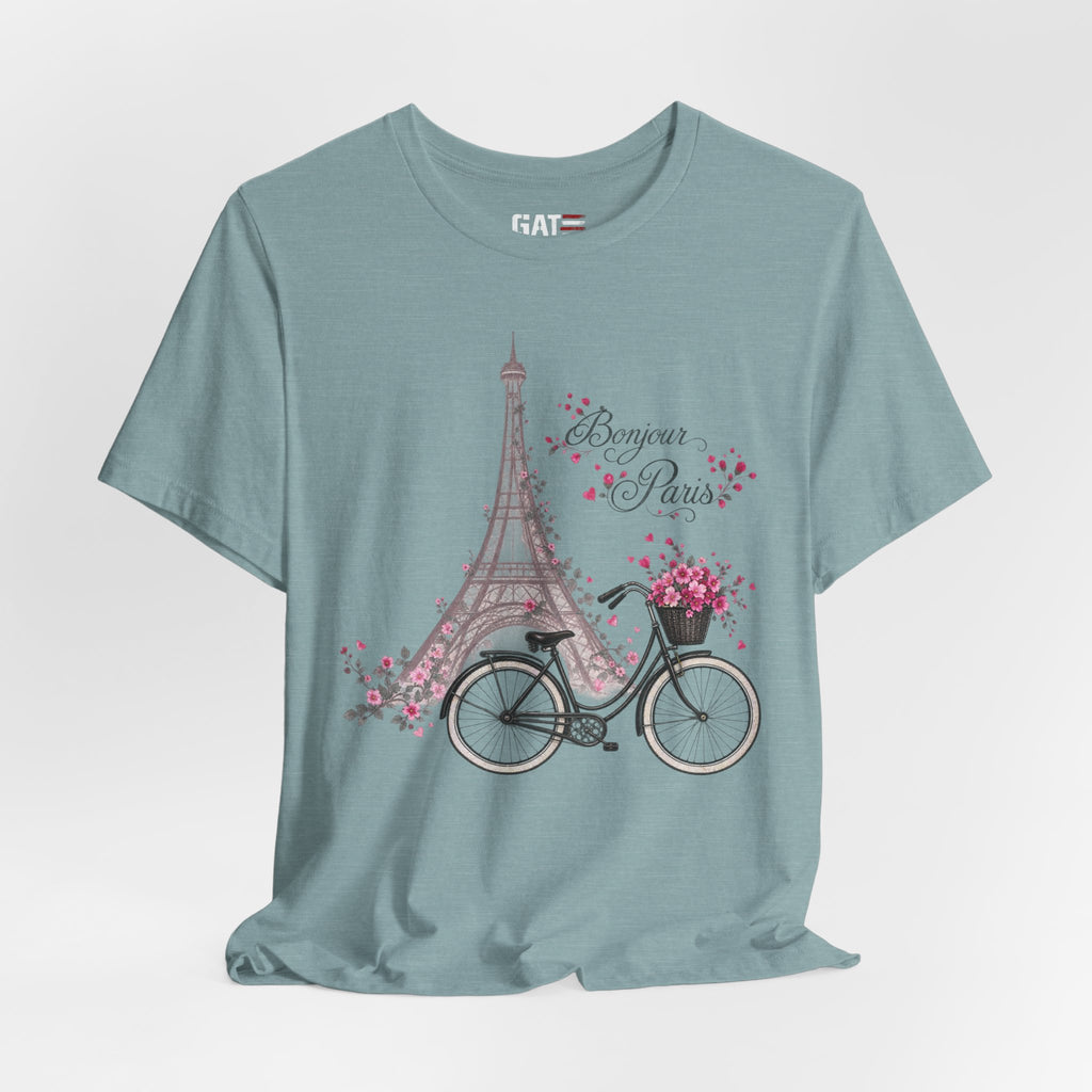 Bonjour Paris Eiffel Tower bicycle and floral graphic T-shirt - product image 49