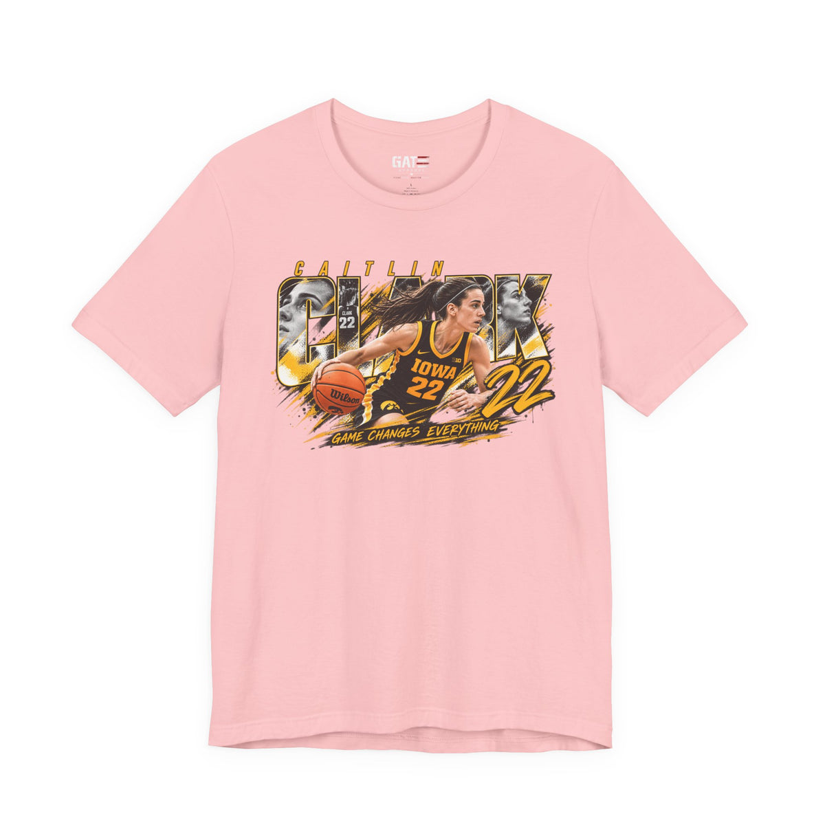 Caitlin Clark basketball player graphic T-shirt, pink front view