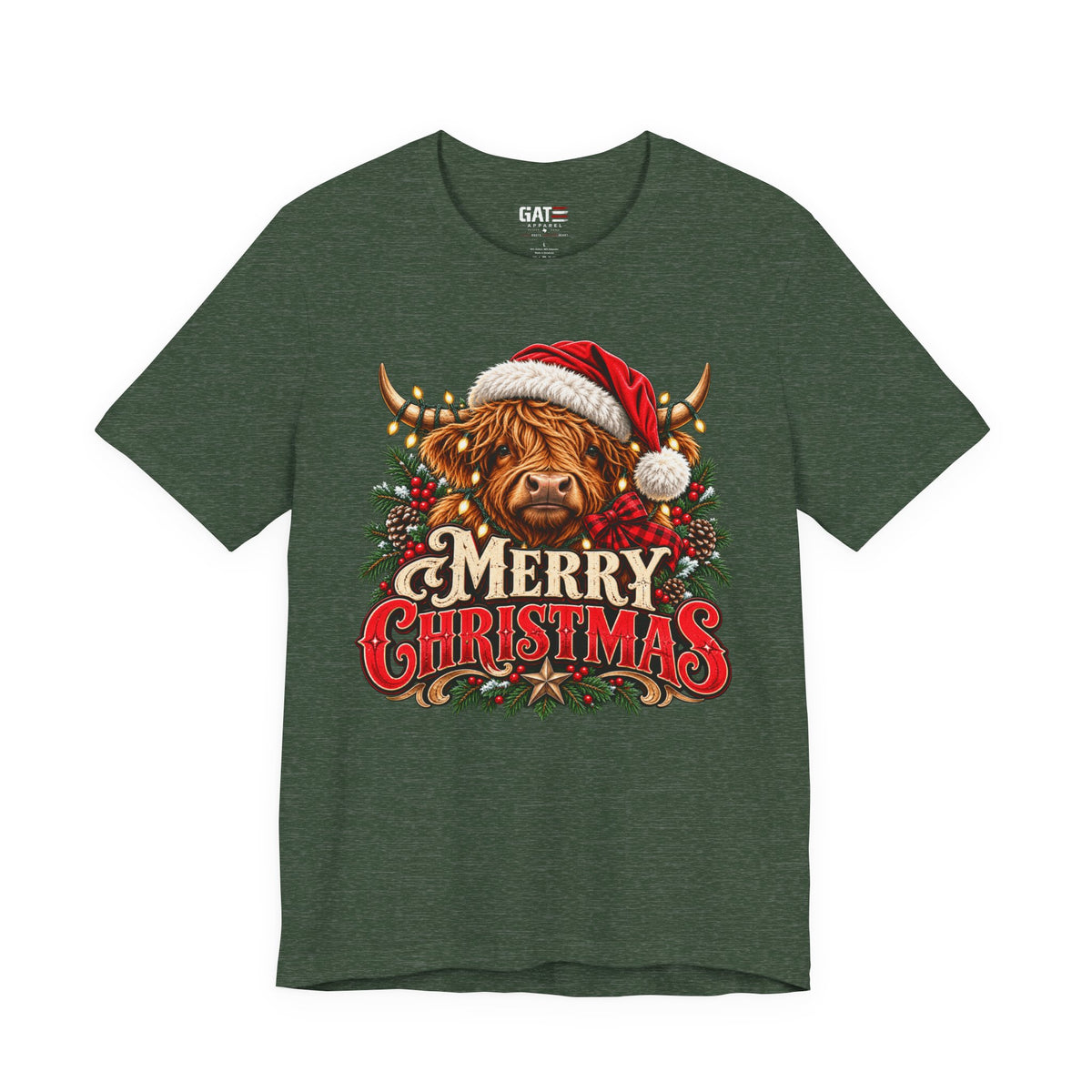 Highland cow Santa hat Merry Christmas graphic T-shirt, dark green front view