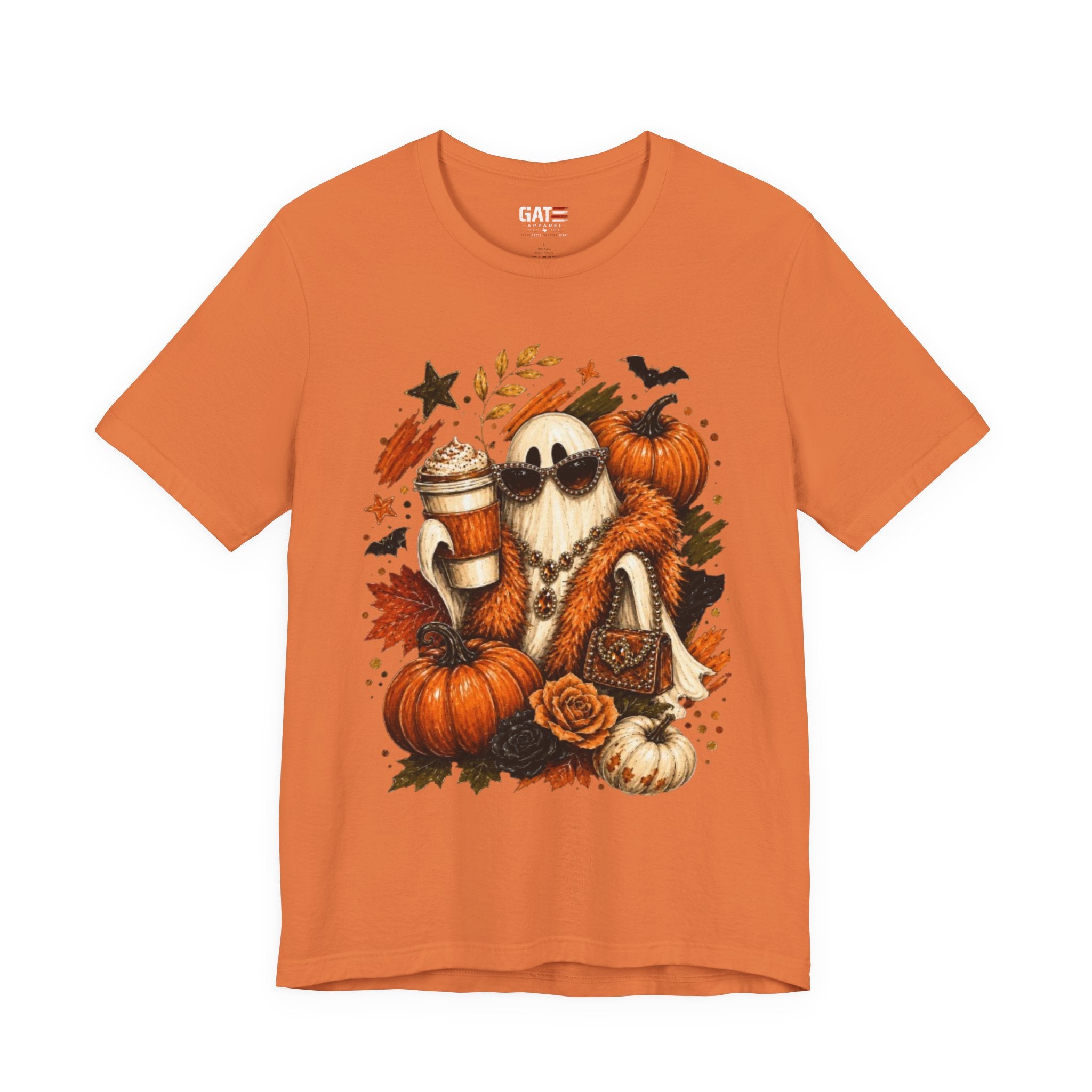Halloween Pumpkin Ghost Tee — Cozy Fall Coffee & Pumpkins Graphic T-Shirt