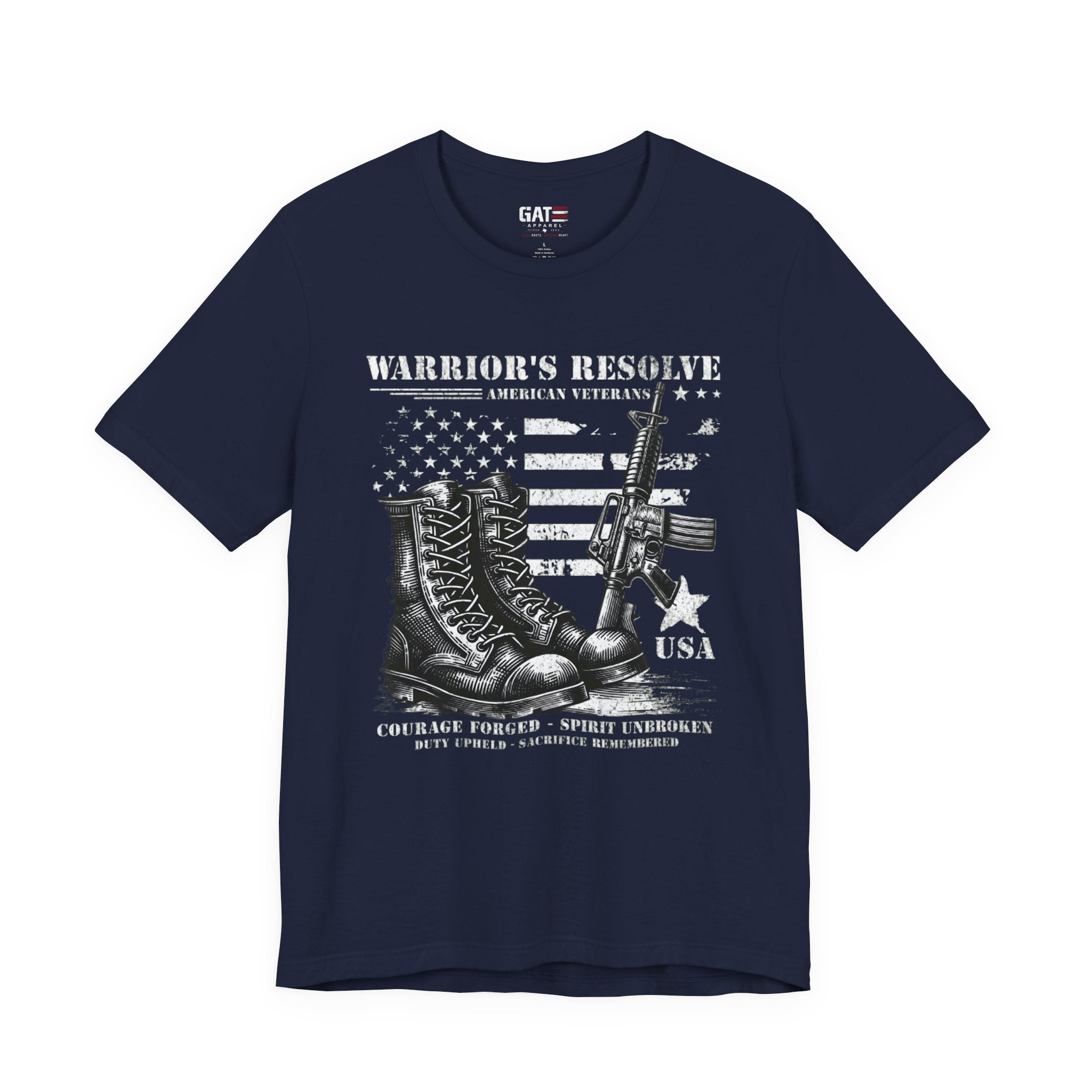 Warrior's Resolve Boots & Flag graphic Tee | Veteran USA Military Shirt