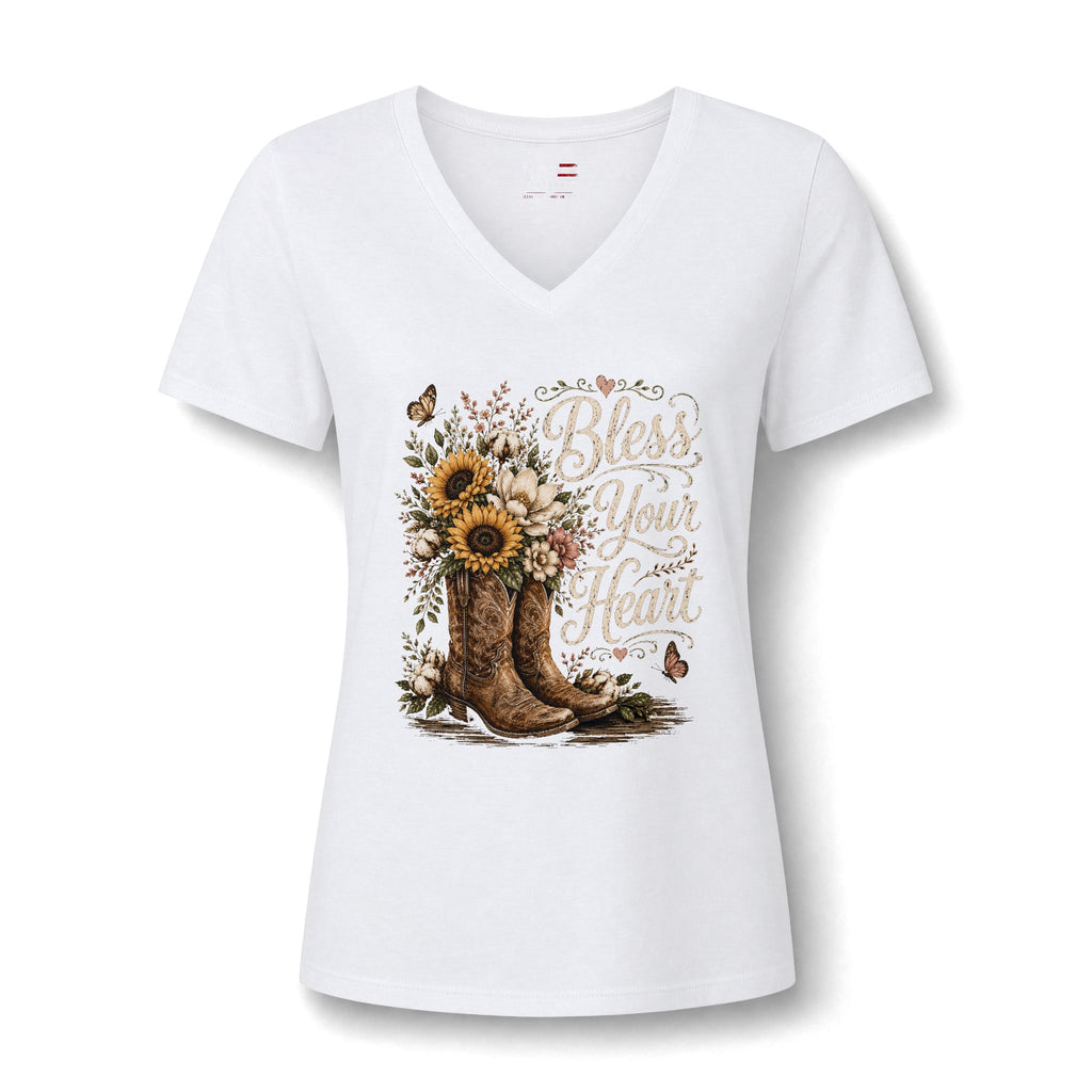 Bless Your Heart V-Neck Tee — Sunflower Cowboy Boot Graphic