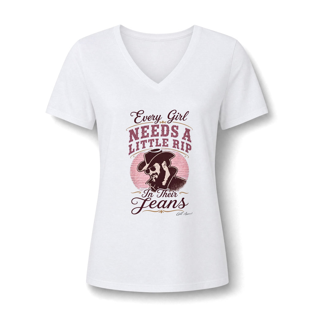 Cowgirl Jeans V-Neck Tee — "Every Girl Needs A Little Rip In Their Jeans"