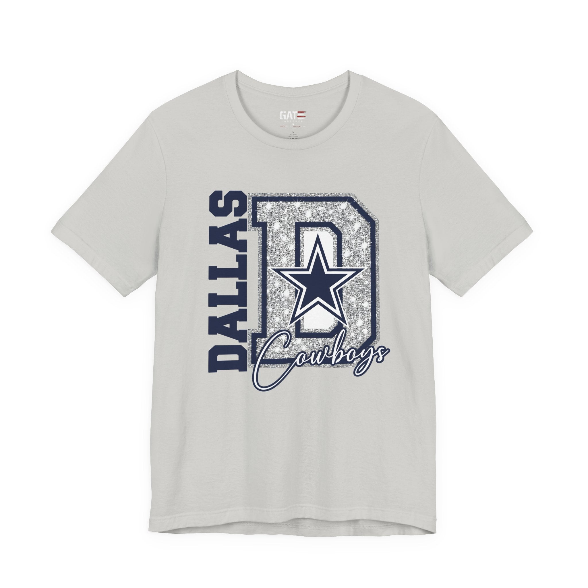 Dallas Football Glitter D Shirt, Blue and Silver Game Day Tee, Western Script Graphic Shirt, Sparkle Fan Apparel