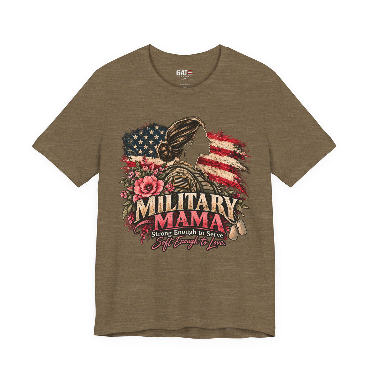Military Mama Tee — Patriotic Mom Shirt with American Flag & Floral Combat Design