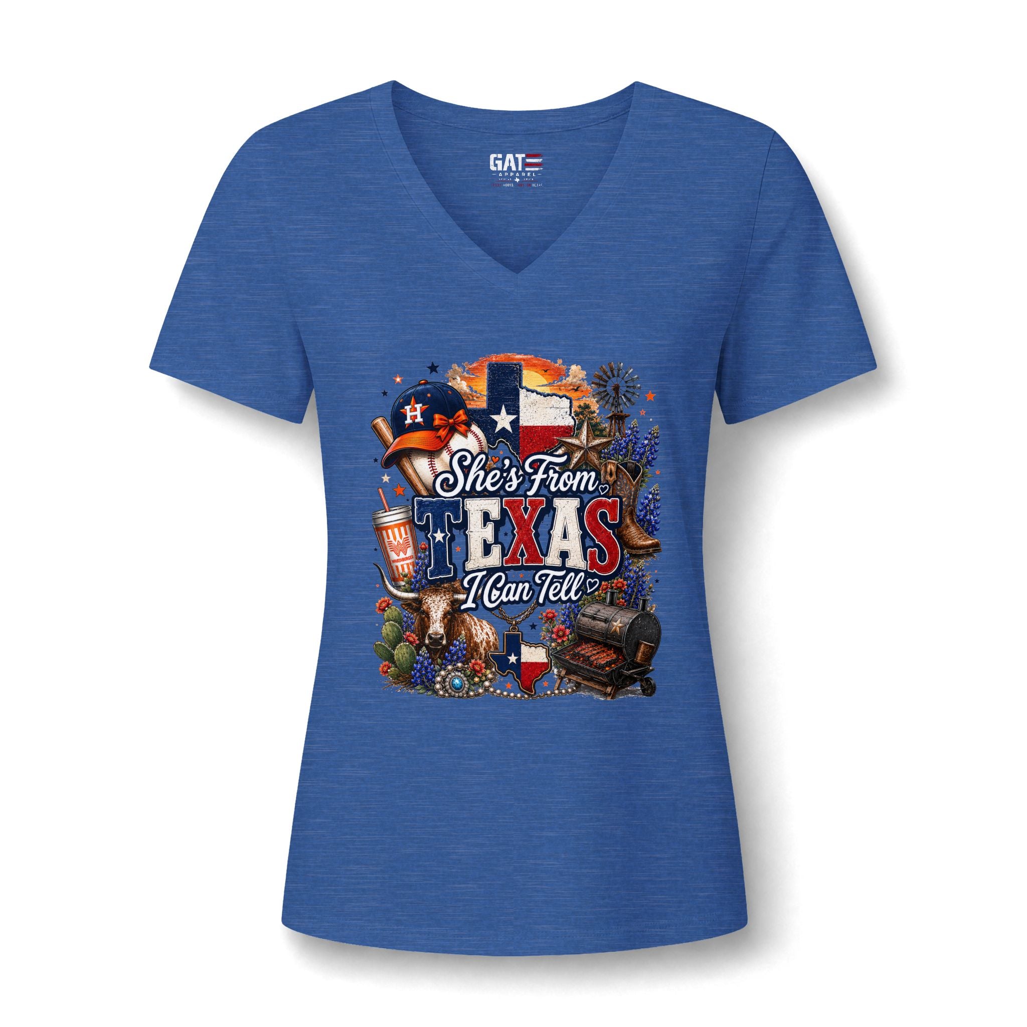 Texas Pride V-Neck Tee — "She's From Texas I Can Tell" Women's Relaxed Shirt