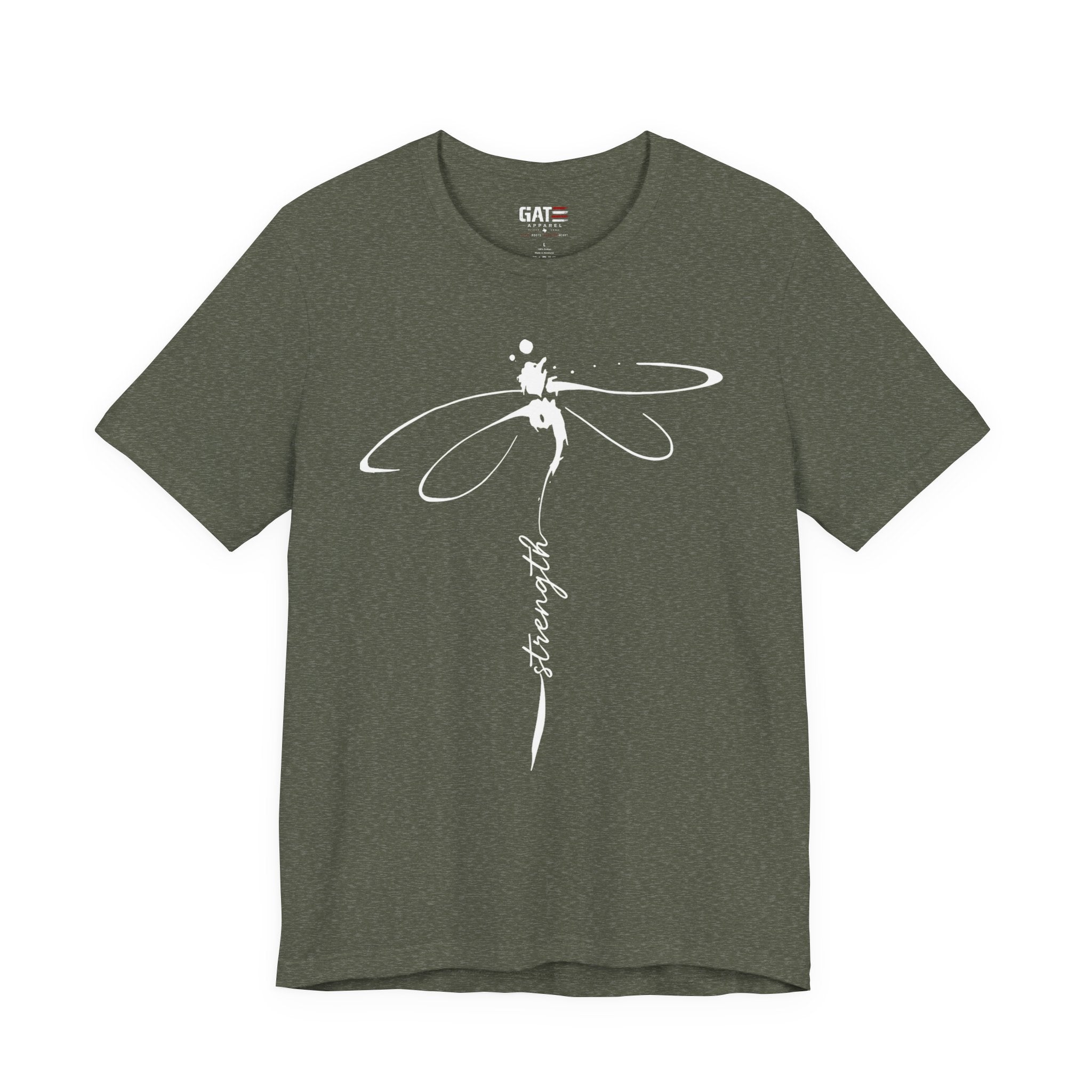 Dragonfly Graphic Tee — 'Strong' Script Floral Design