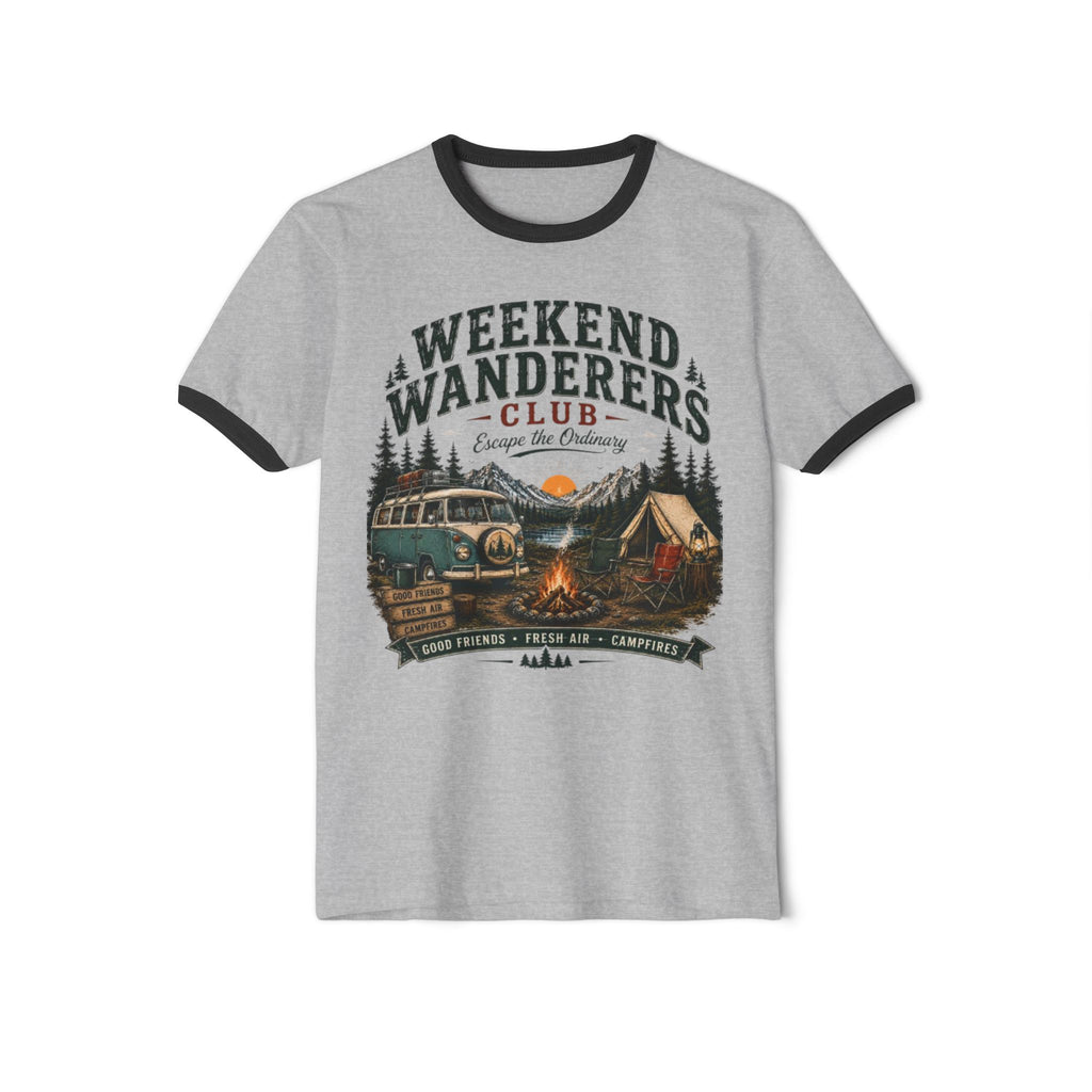 Weekend Wanderers Club Ringer Tee – Vintage Camping Van & Campfire T-Shirt