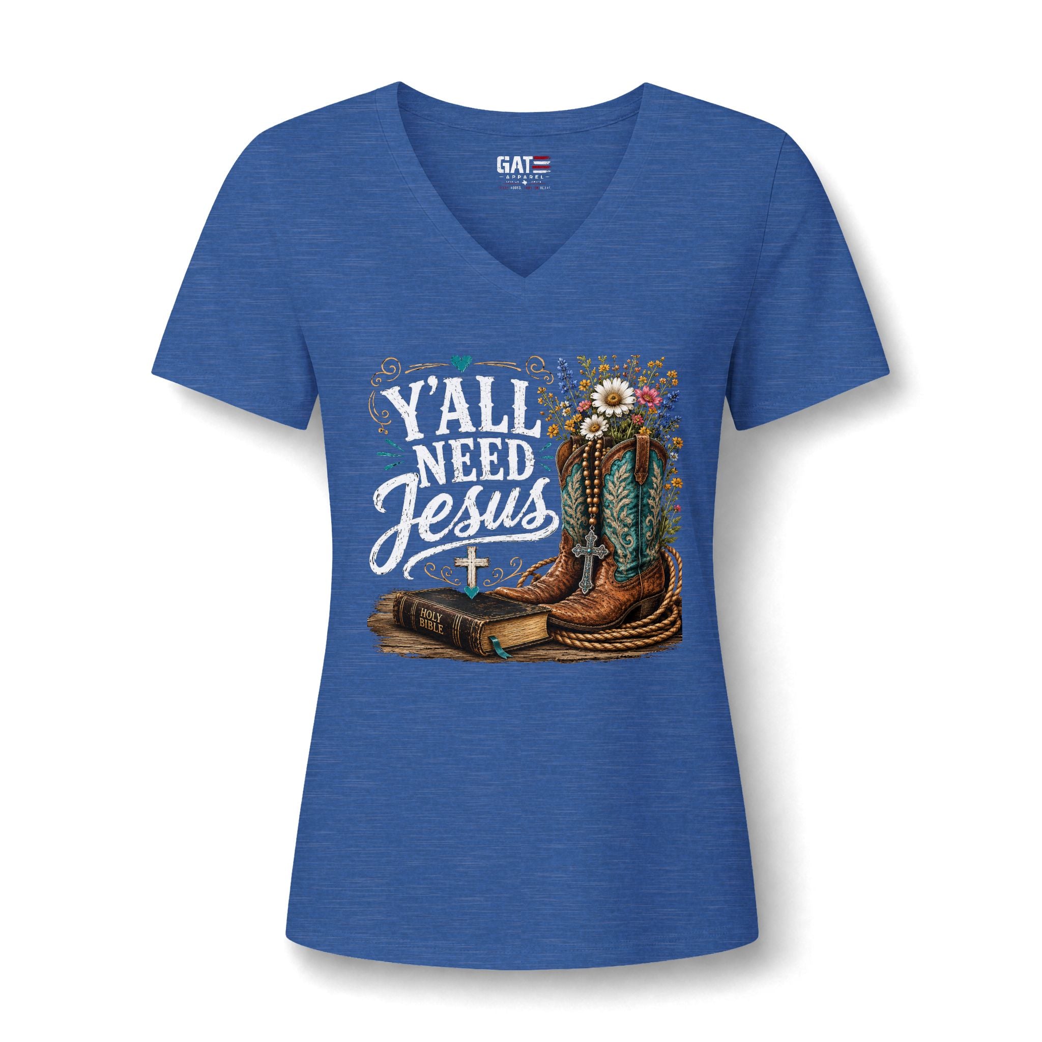 Y'all Need Jesus V-Neck Tee - Western Boots & Bible Christian Shirt