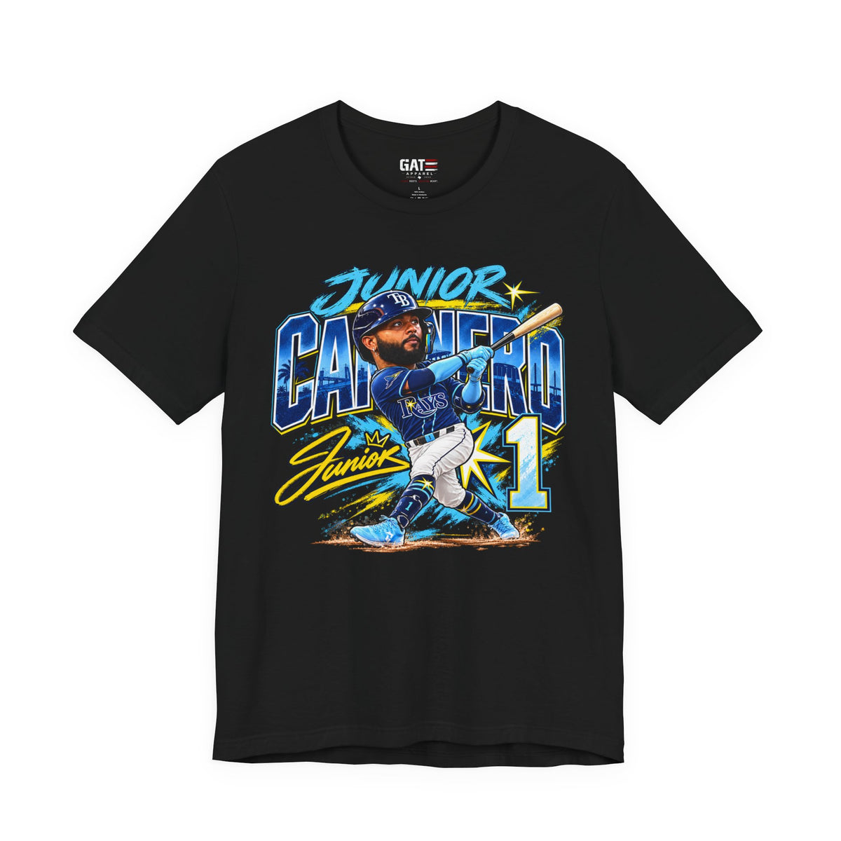 Junior Caminero Rays baseball graphic T-shirt, black front view
