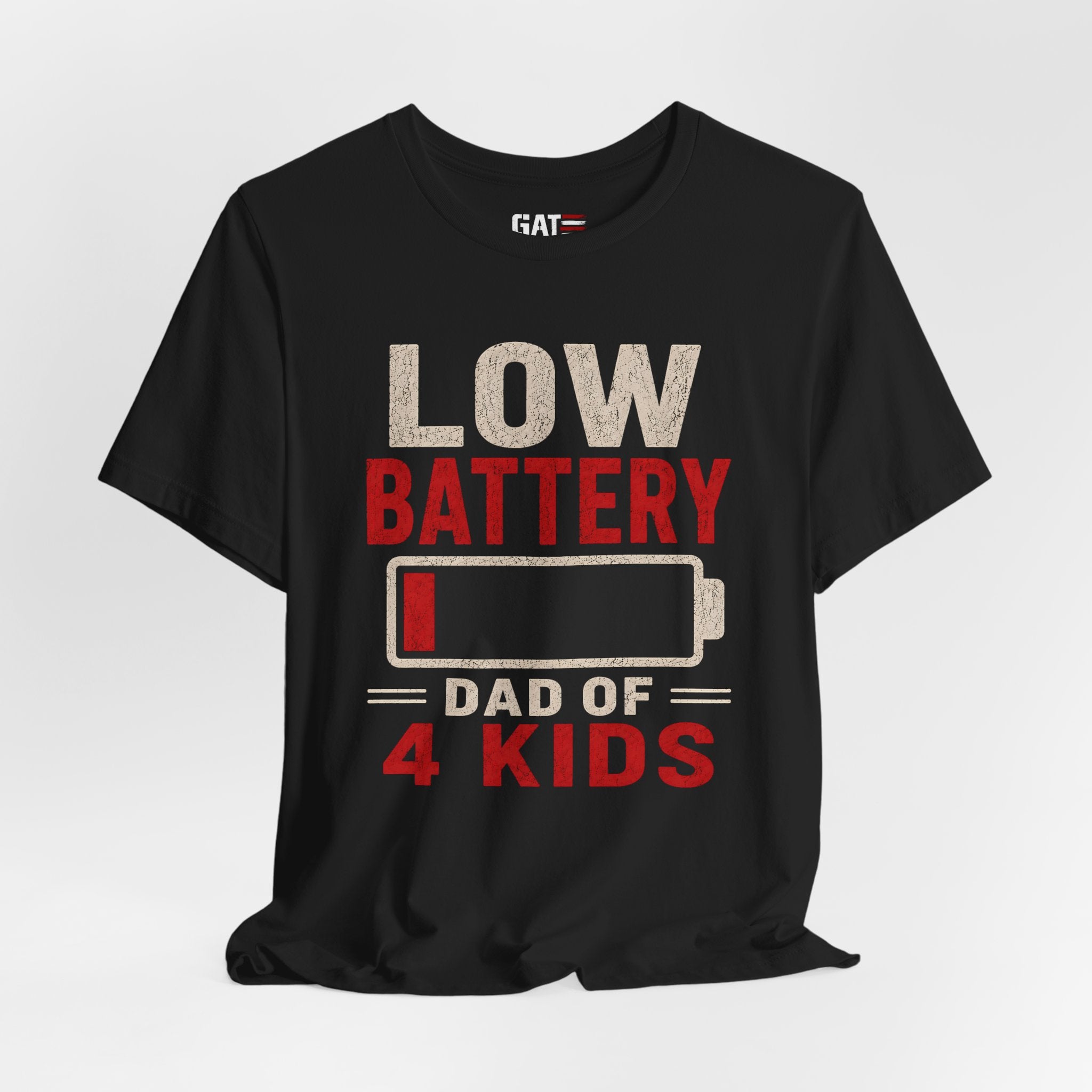 Low Battery Dad of 4 Kids Shirt, Funny Tired Dad Tee, Father of Four Gift, Parenting Humor Shirt, Exhausted Dad Graphic Tee