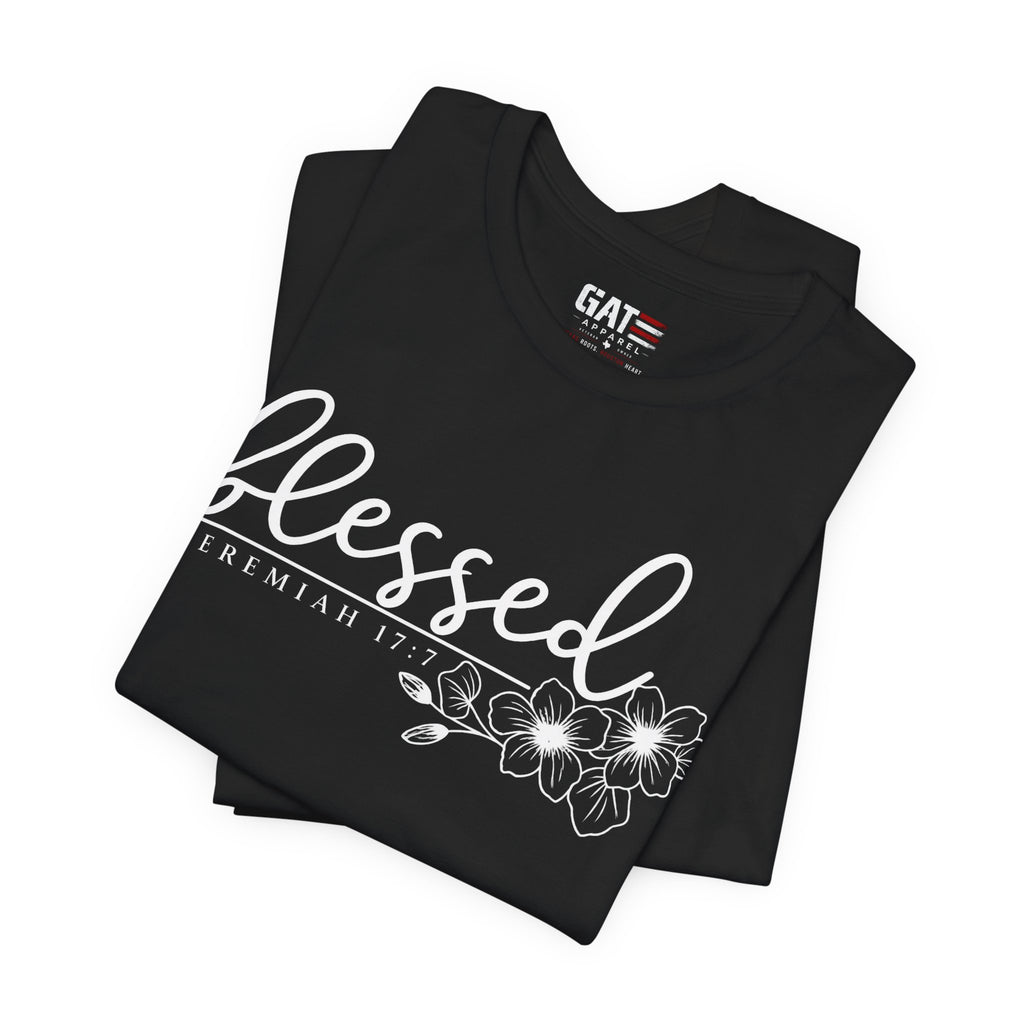 Blessed Floral Tee — 'Blessed' Script T-Shirt with Jeremiah 17:7 Bible Verse