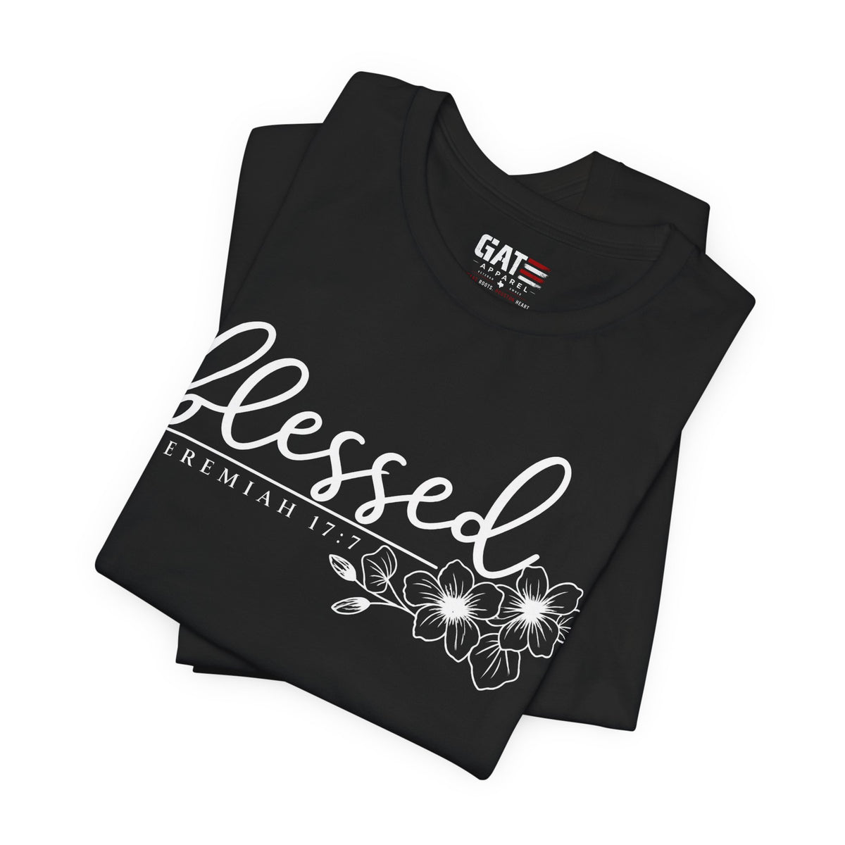 Blessed Floral Tee — 'Blessed' Script T-Shirt with Jeremiah 17:7 Bible Verse