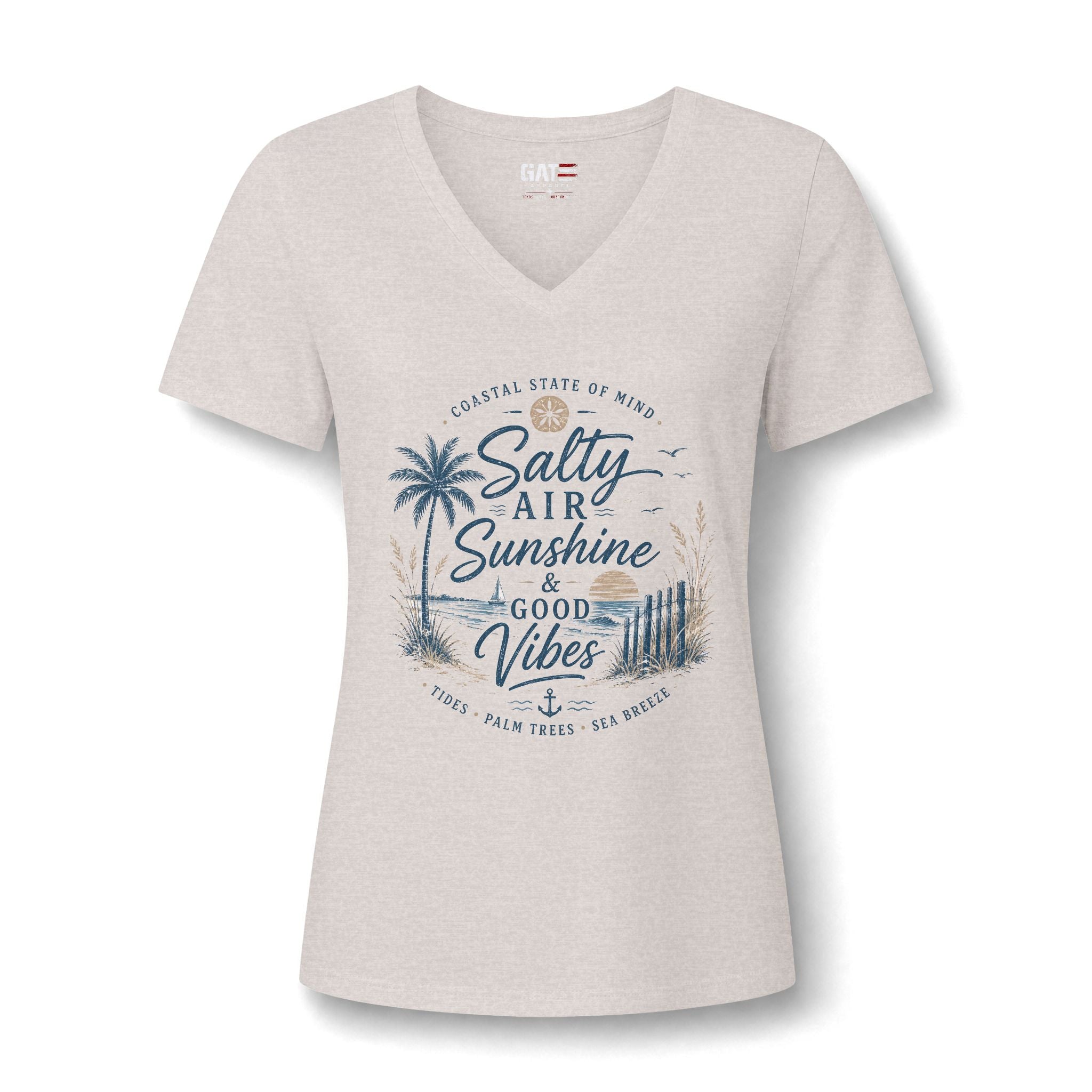 Women's V-Neck Tee — "Salty Air, Sunshine & Good Vibes" Beach Graphic