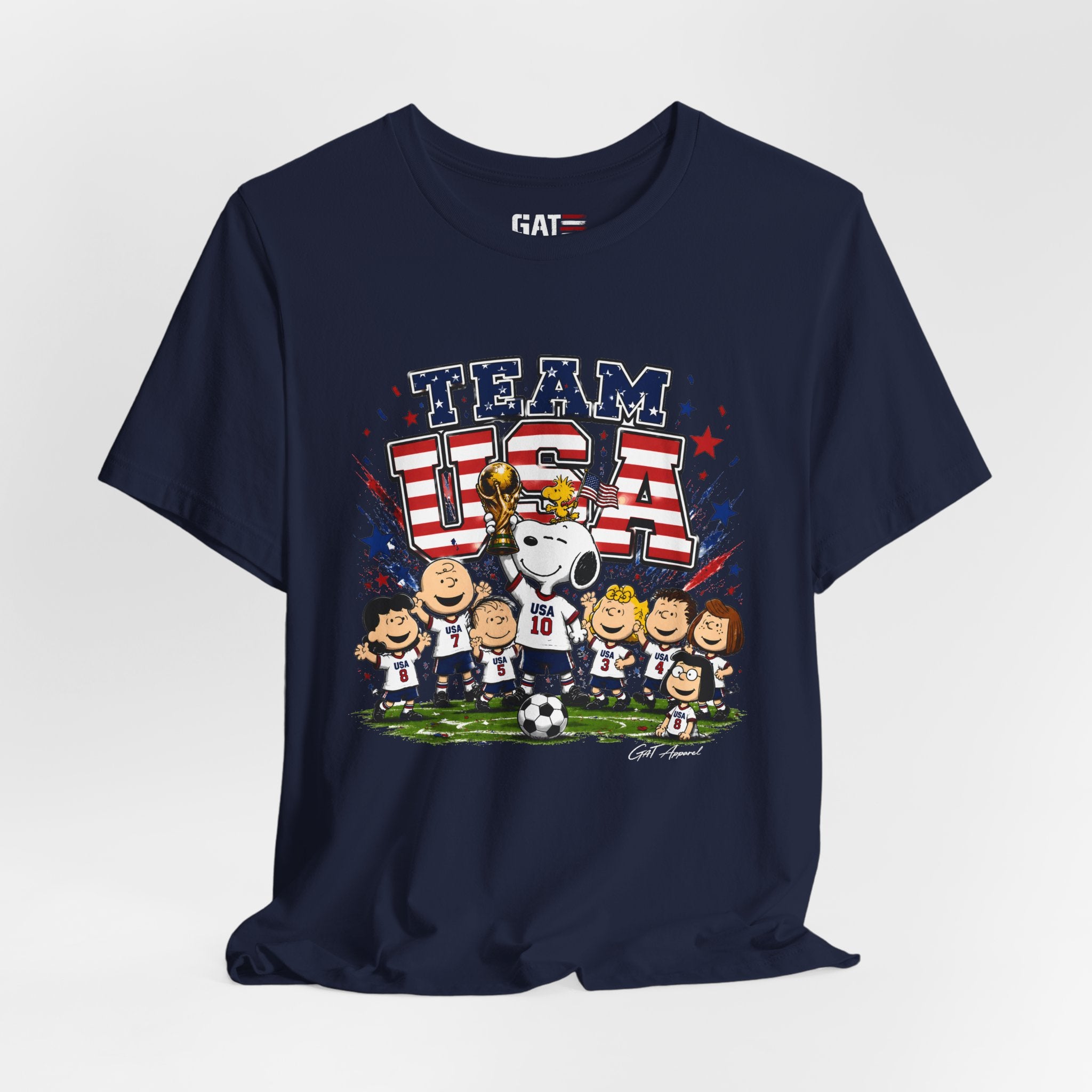 Team USA Soccer Peanuts Gang Shirt Patriotic Snoopy & Friends World Cup Celebration Tee