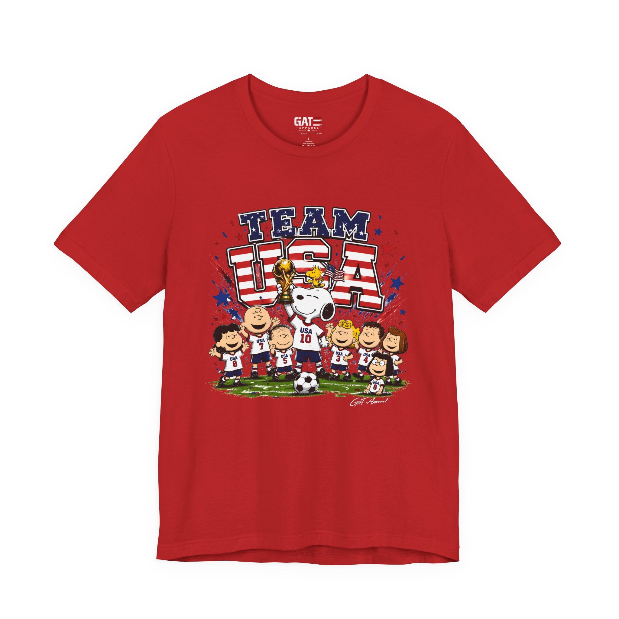 Team USA Soccer Peanuts Gang Shirt Patriotic Snoopy & Friends World Cup Celebration Tee