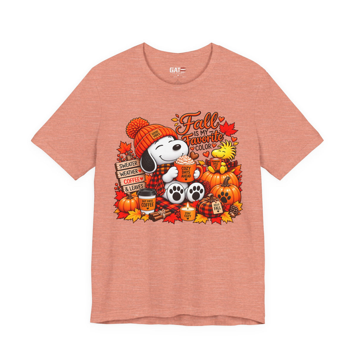 Snoopy Fall Is in the Air pumpkin graphic T-shirt, dusty pink front view