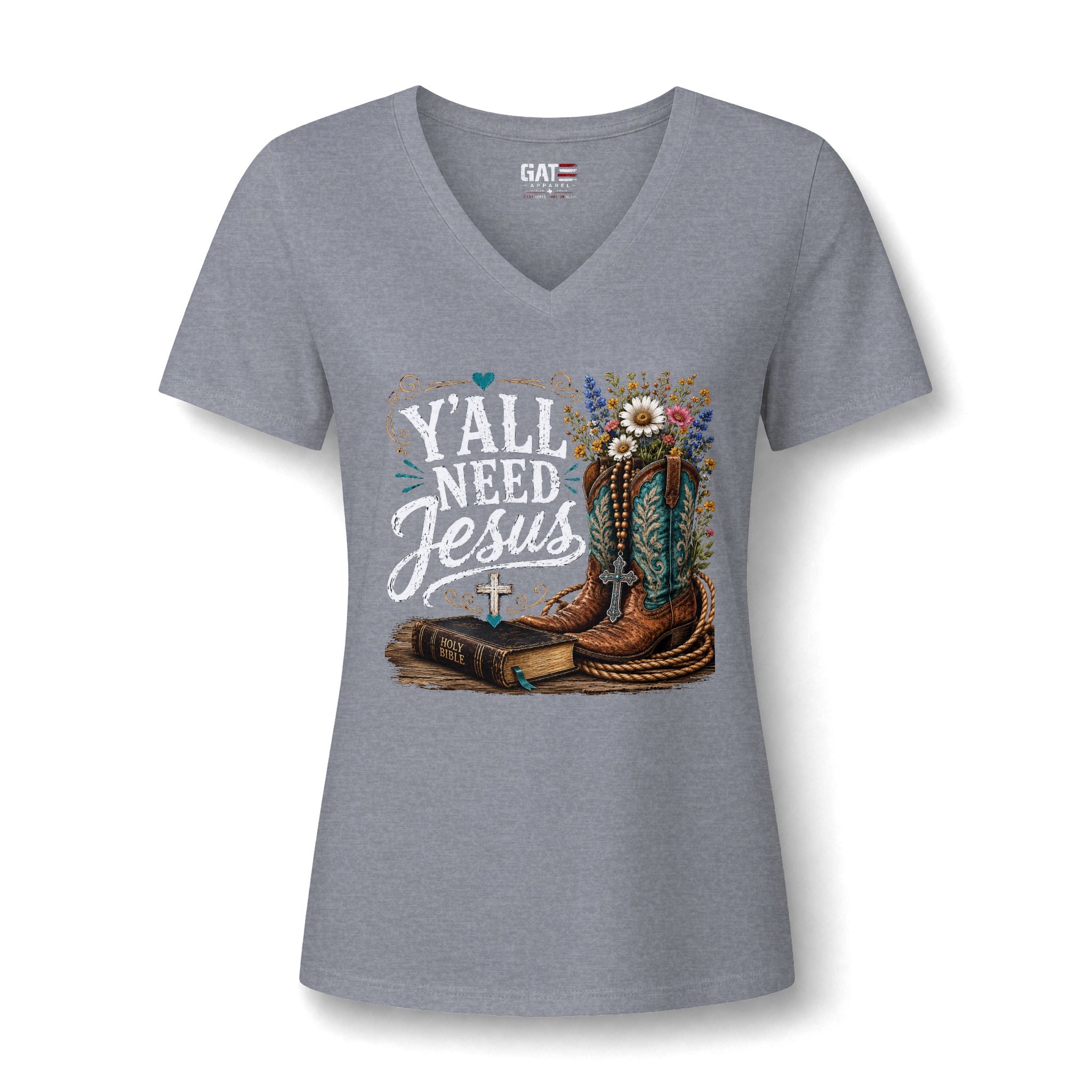 Y'all Need Jesus V-Neck Tee - Western Boots & Bible Christian Shirt