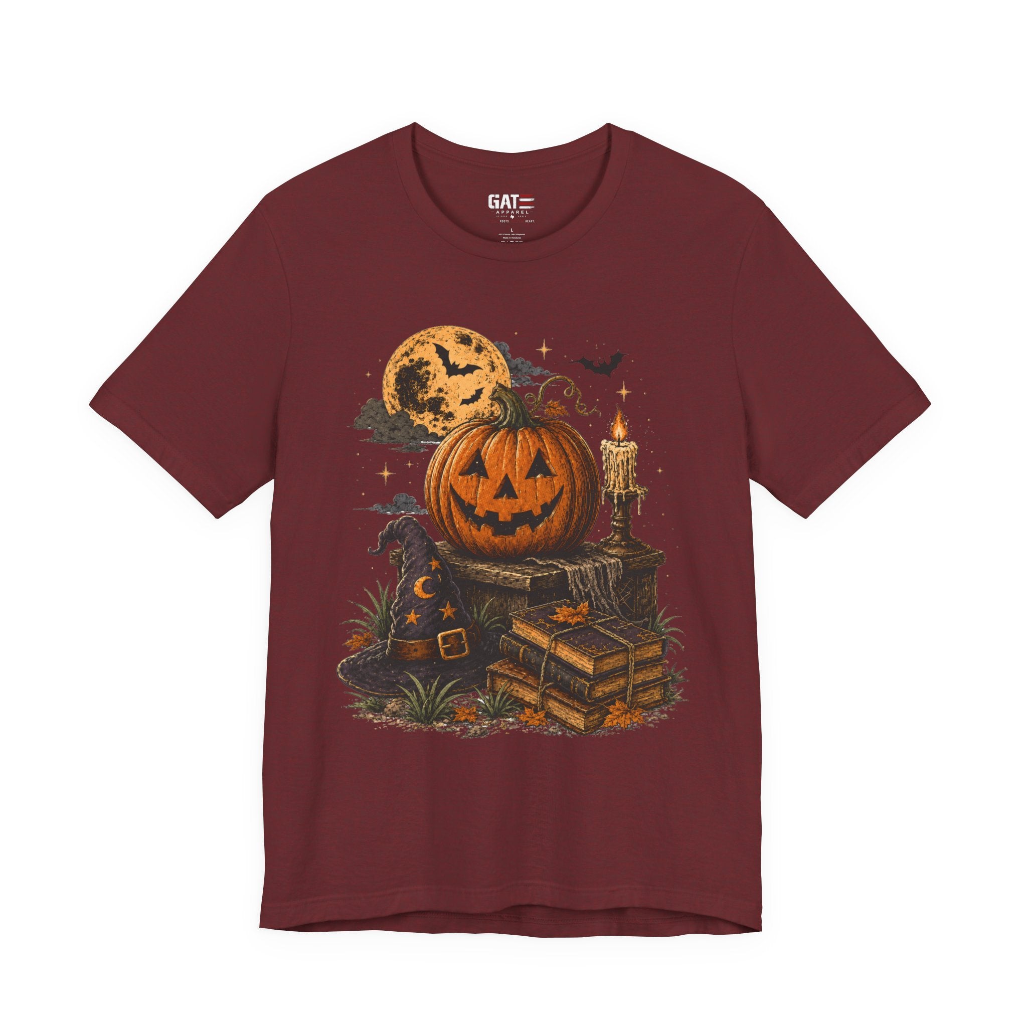 Halloween Pumpkin Stack T‑Shirt — Jack‑O‑Lantern, Books & Moon Graphic Tee