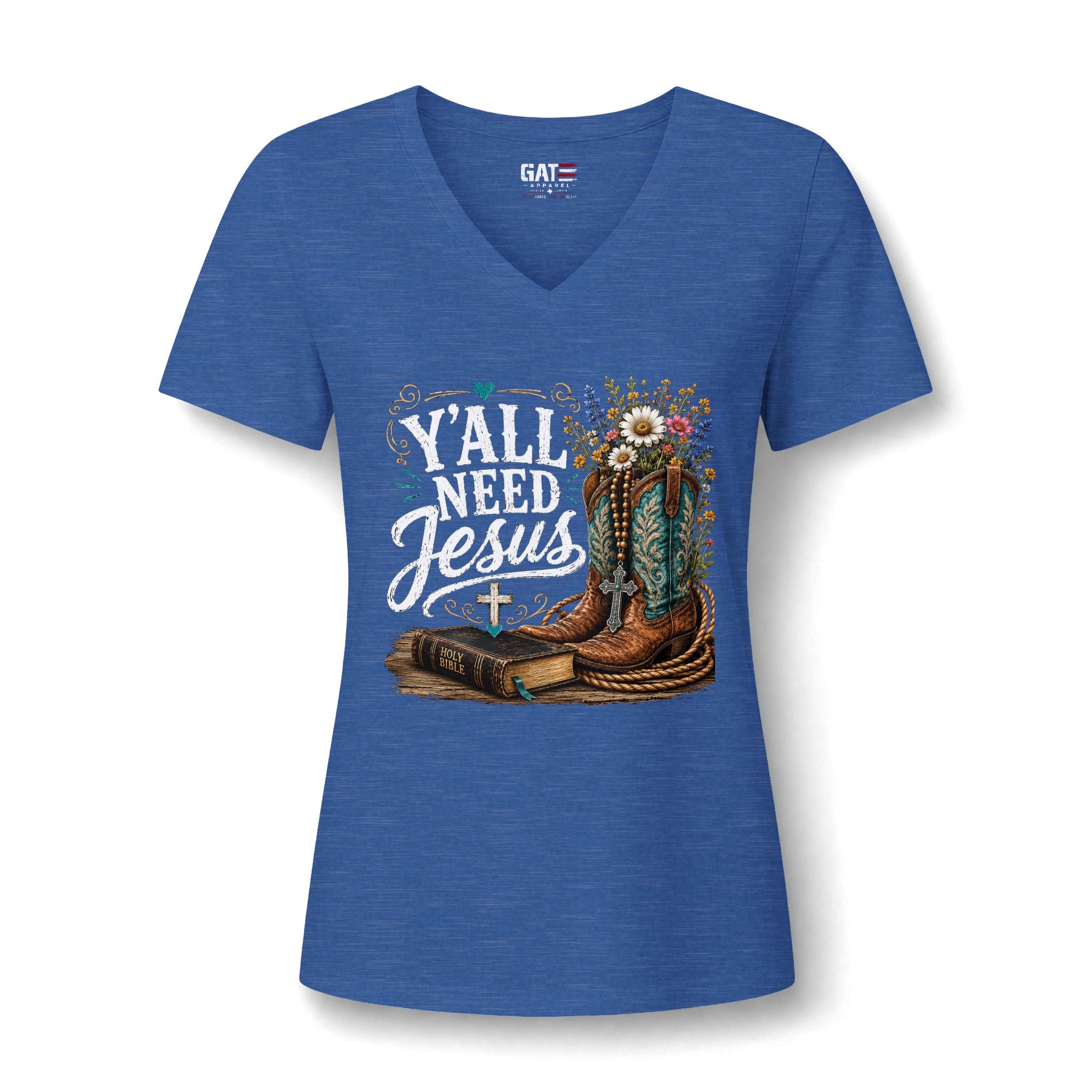 Y'all Need Jesus V-Neck Tee — Floral Cowboy Boots Christian Women's T‑Shirt