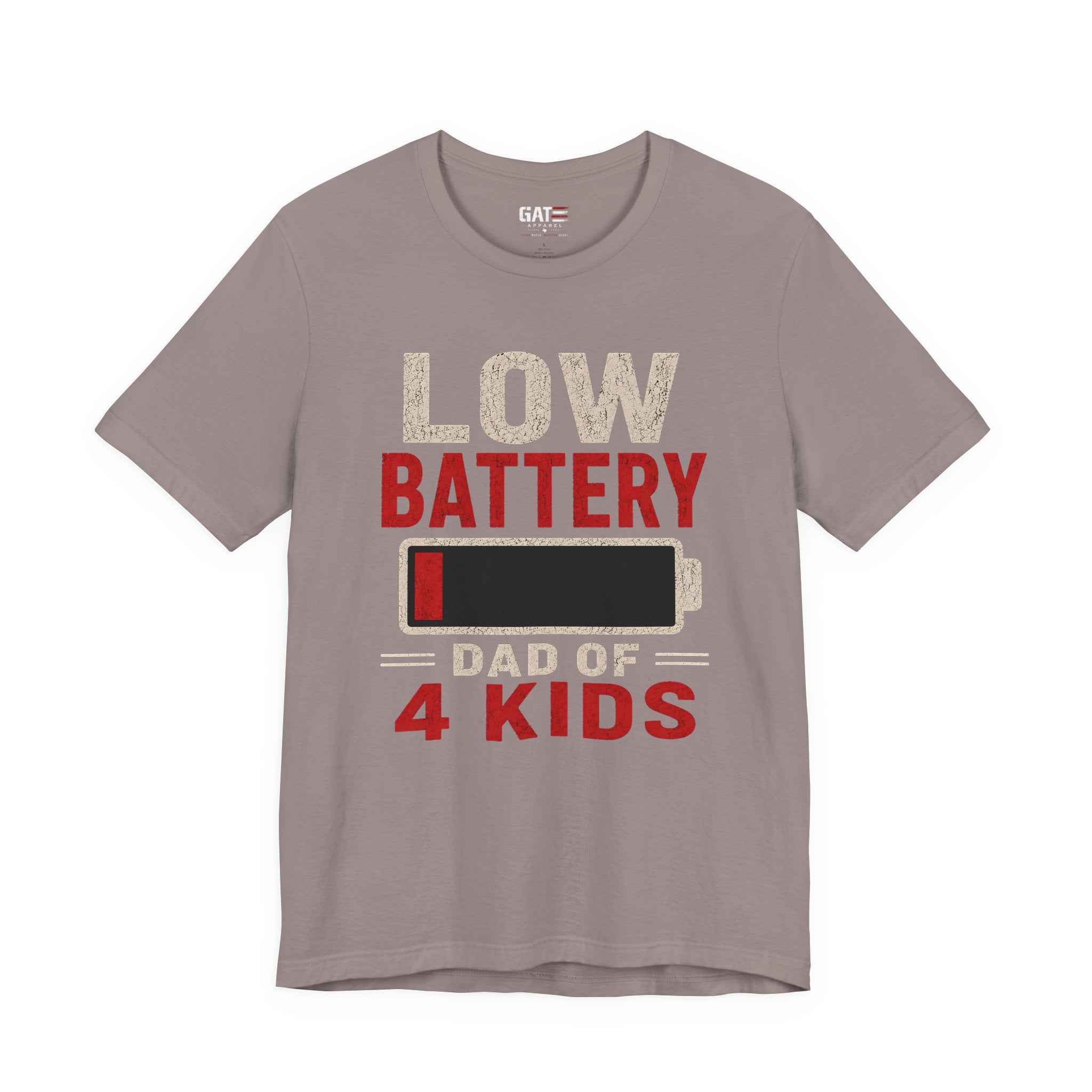 Low Battery Dad of 4 Kids Shirt, Funny Tired Dad Tee, Father of Four Gift, Parenting Humor Shirt, Exhausted Dad Graphic Tee