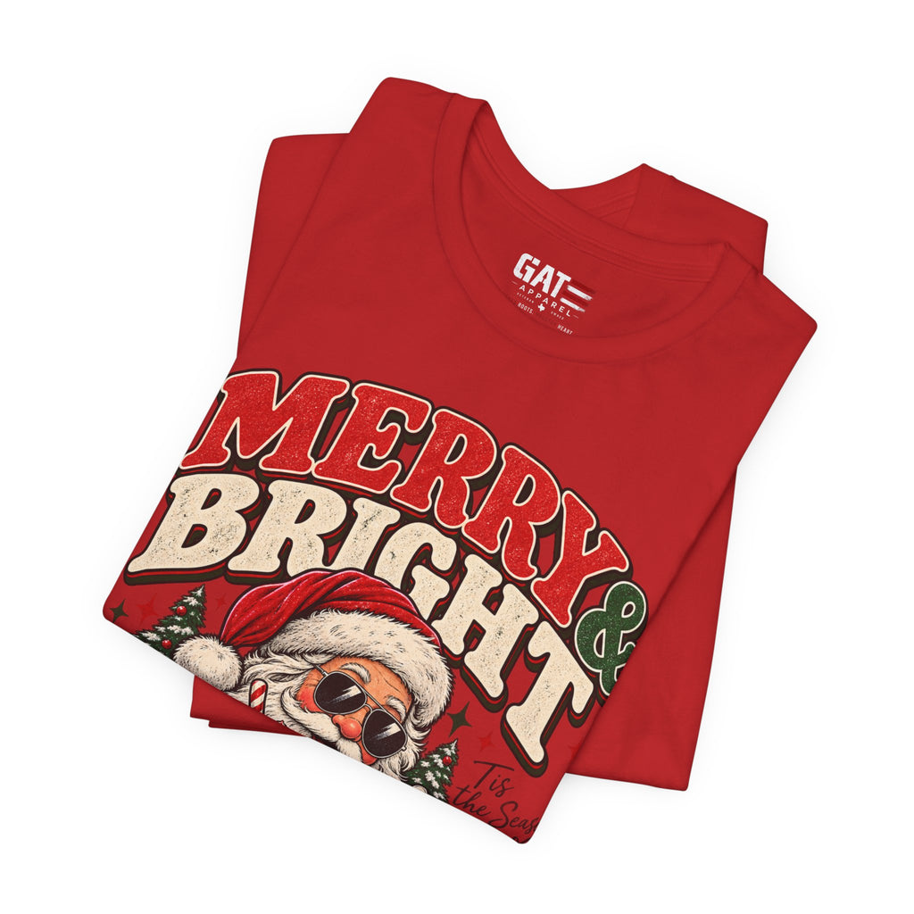 Merry & Bright Santa Tee – Retro Christmas Short Sleeve Shirt