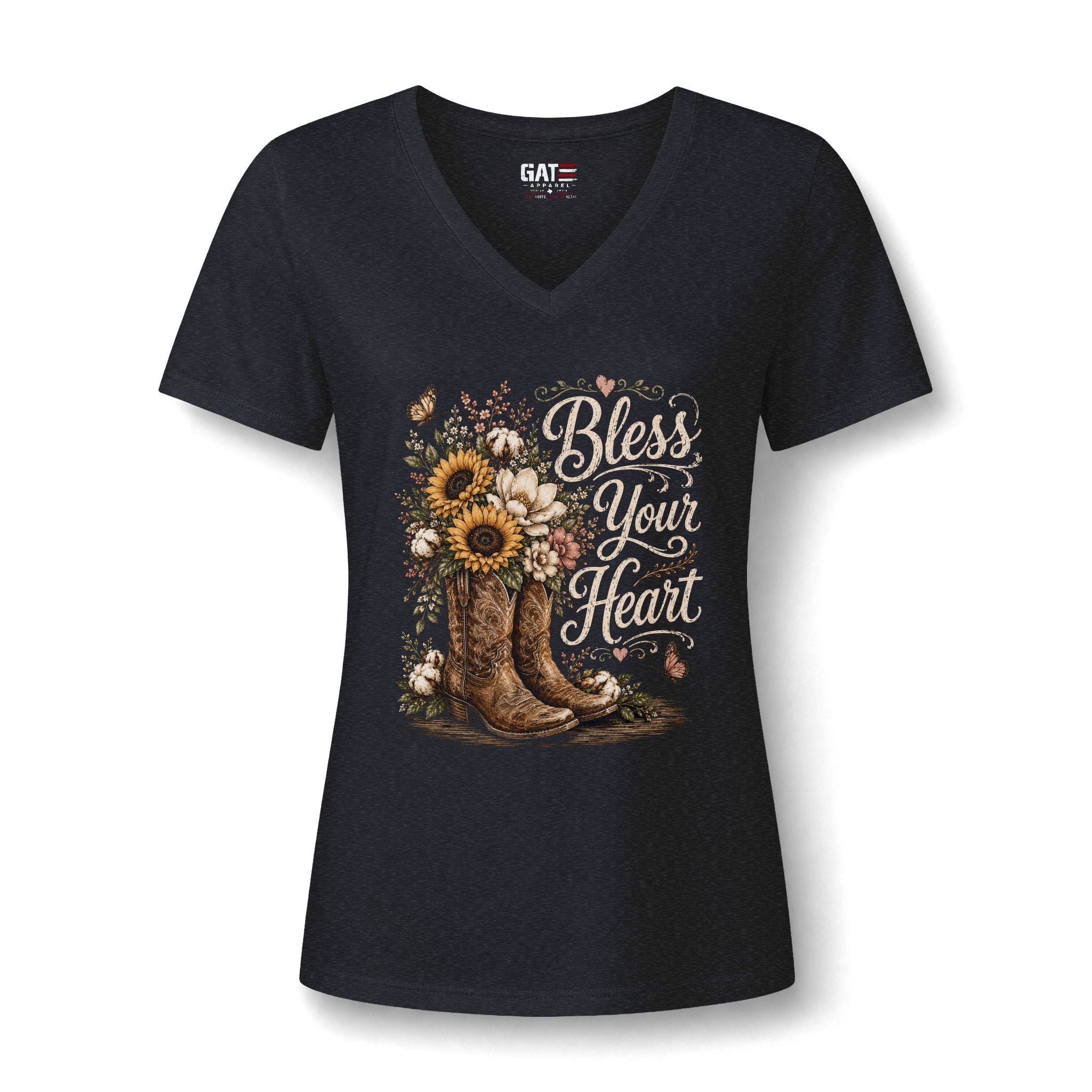 Bless Your Heart V-Neck Tee — Sunflower Cowboy Boot Graphic