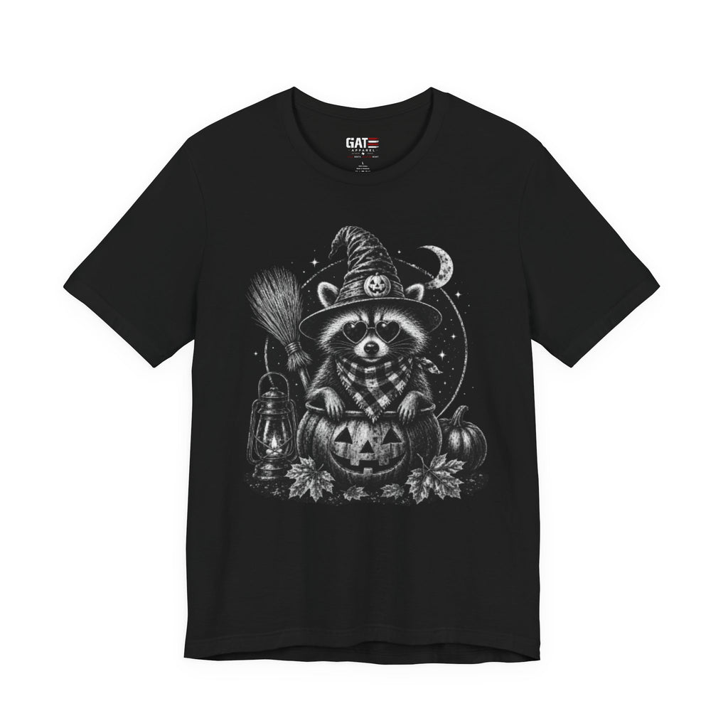 Halloween Raccoon Witch T‑Shirt — Cute Spooky Pumpkin Tee