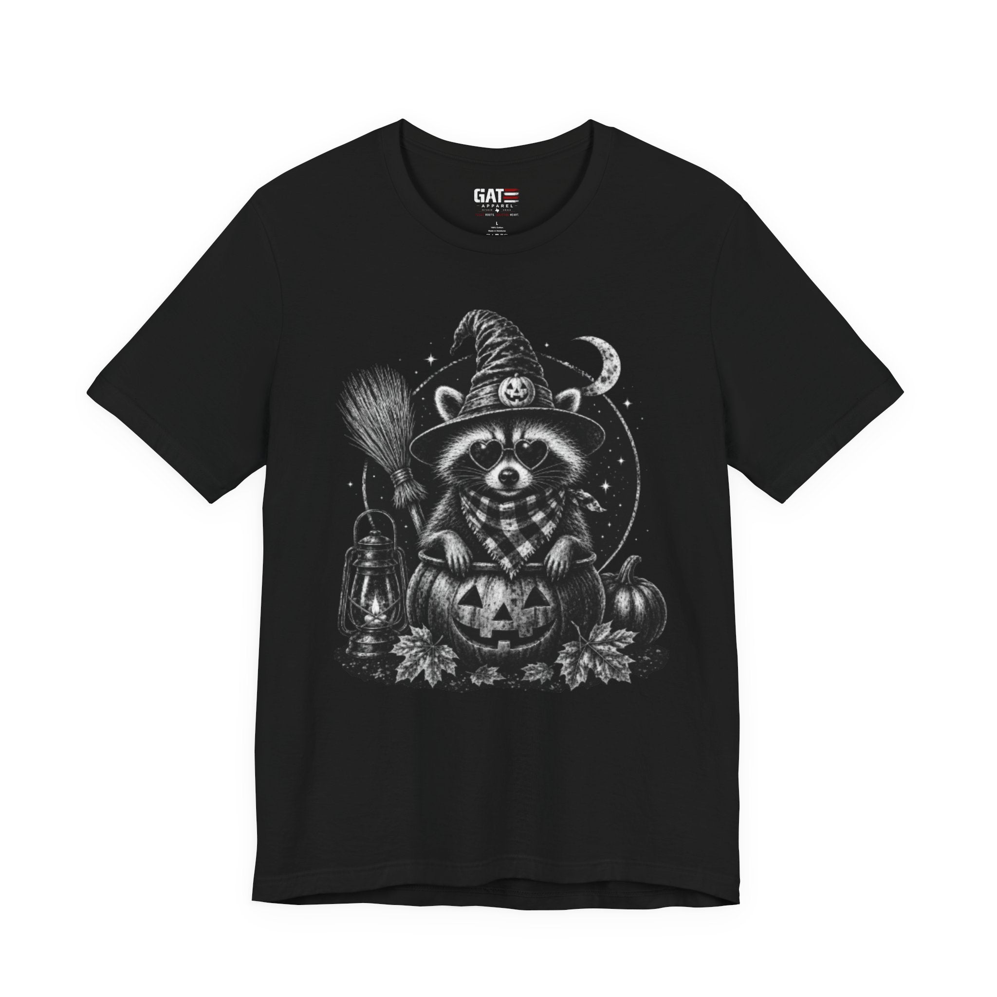Halloween Raccoon Witch T‑Shirt — Cute Spooky Pumpkin Tee