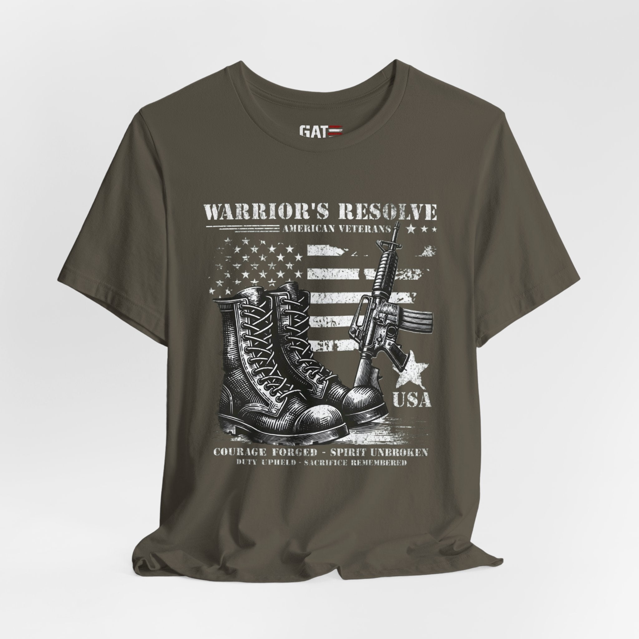 Warrior's Resolve Boots & Flag graphic Tee | Veteran USA Military Shirt