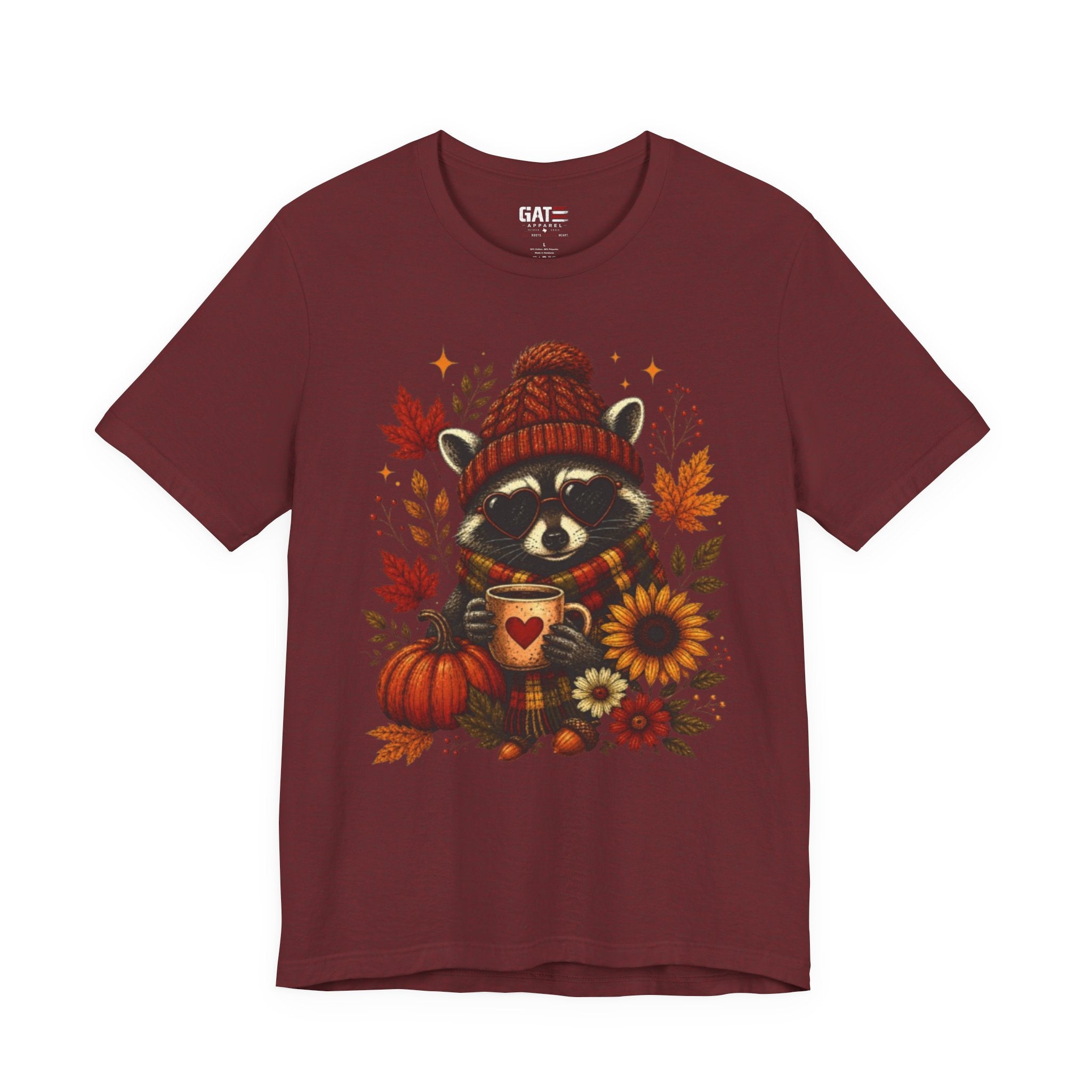 Autumn Cozy Raccoon Tee – Cute Fall Pumpkin & Hot Cocoa Shirt