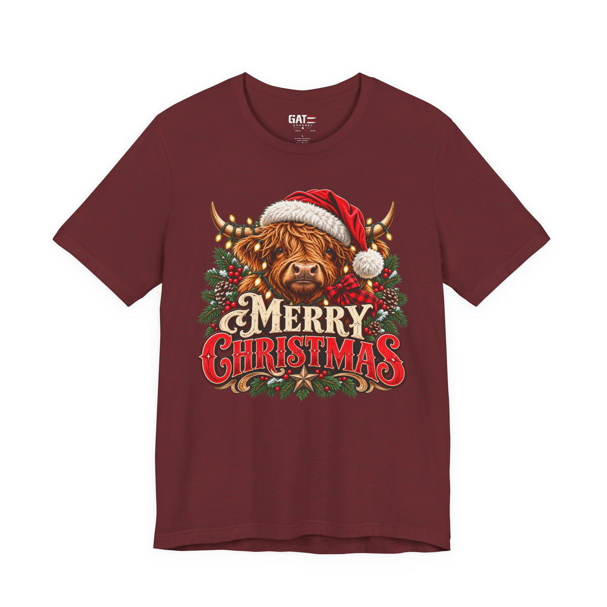 Highland cow Santa hat Merry Christmas graphic T-shirt, burgundy front view