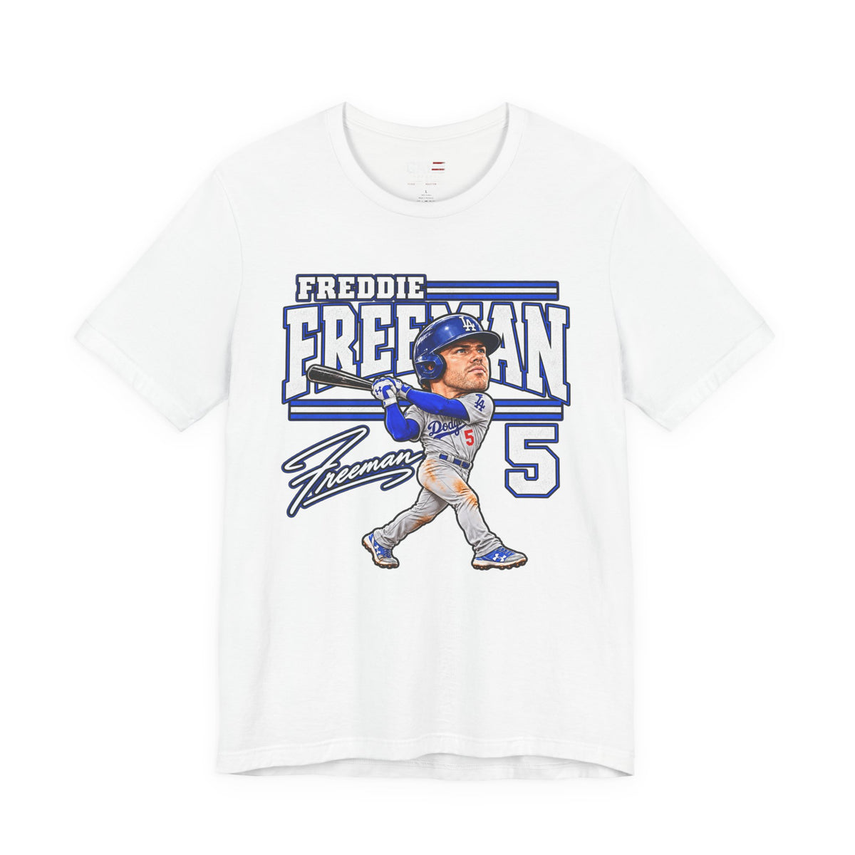 Freddie Freeman number 5 Dodgers baseball graphic T-shirt, white front view