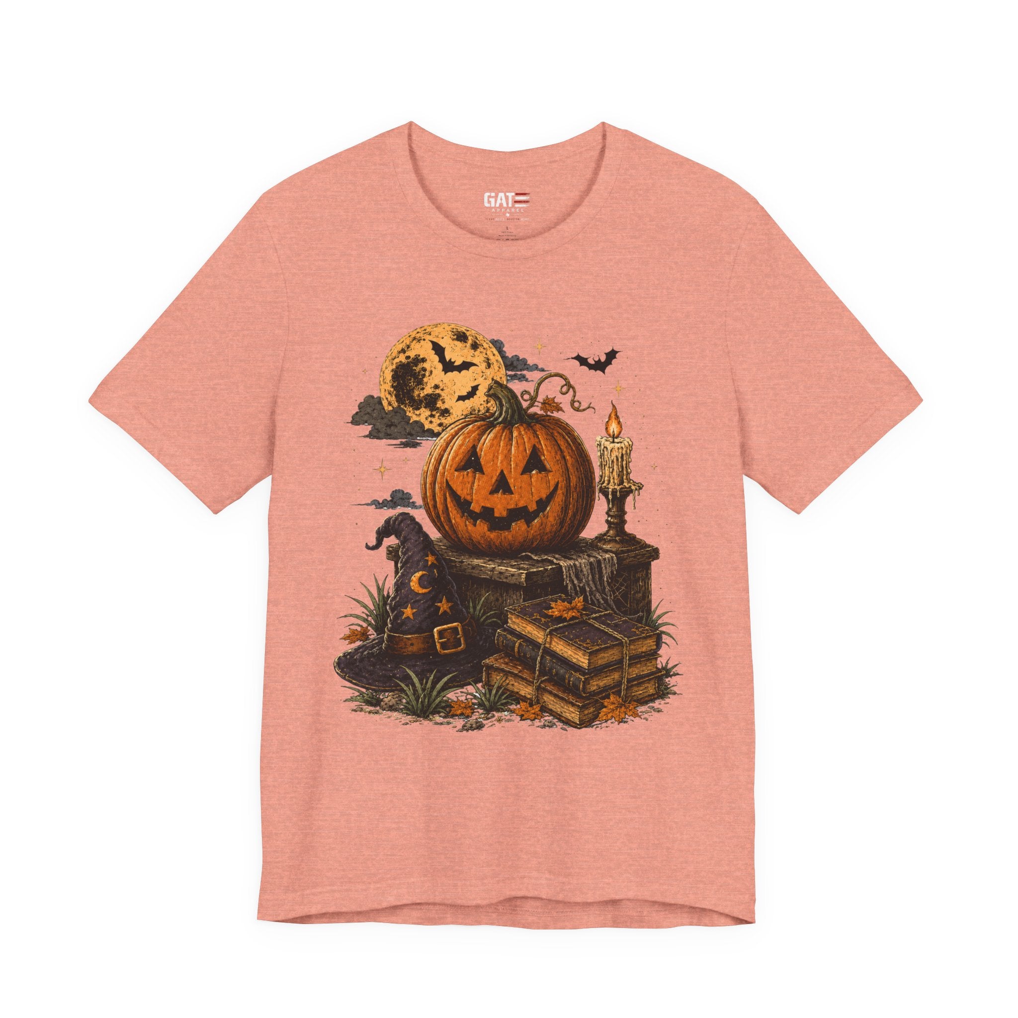 Halloween Pumpkin Stack T‑Shirt — Jack‑O‑Lantern, Books & Moon Graphic Tee