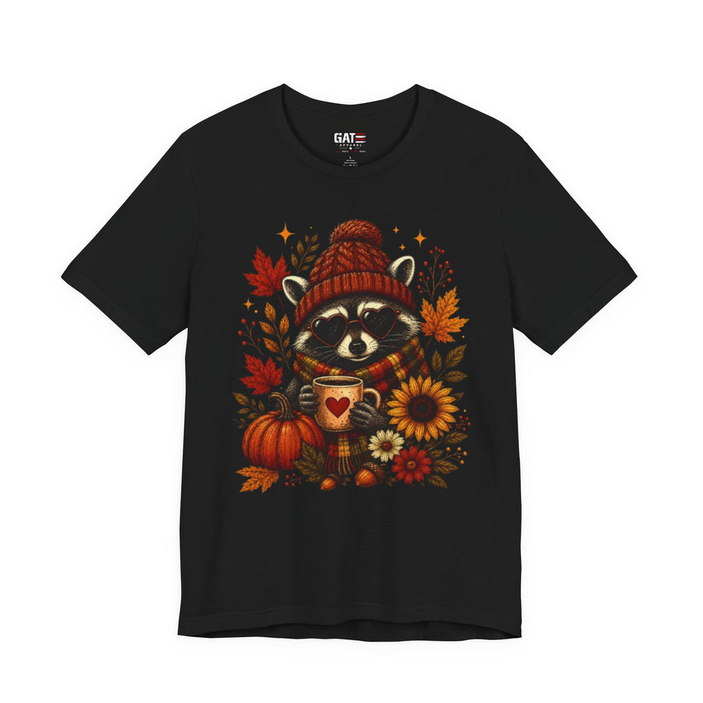 Autumn Cozy Raccoon Tee – Cute Fall Pumpkin & Hot Cocoa Shirt