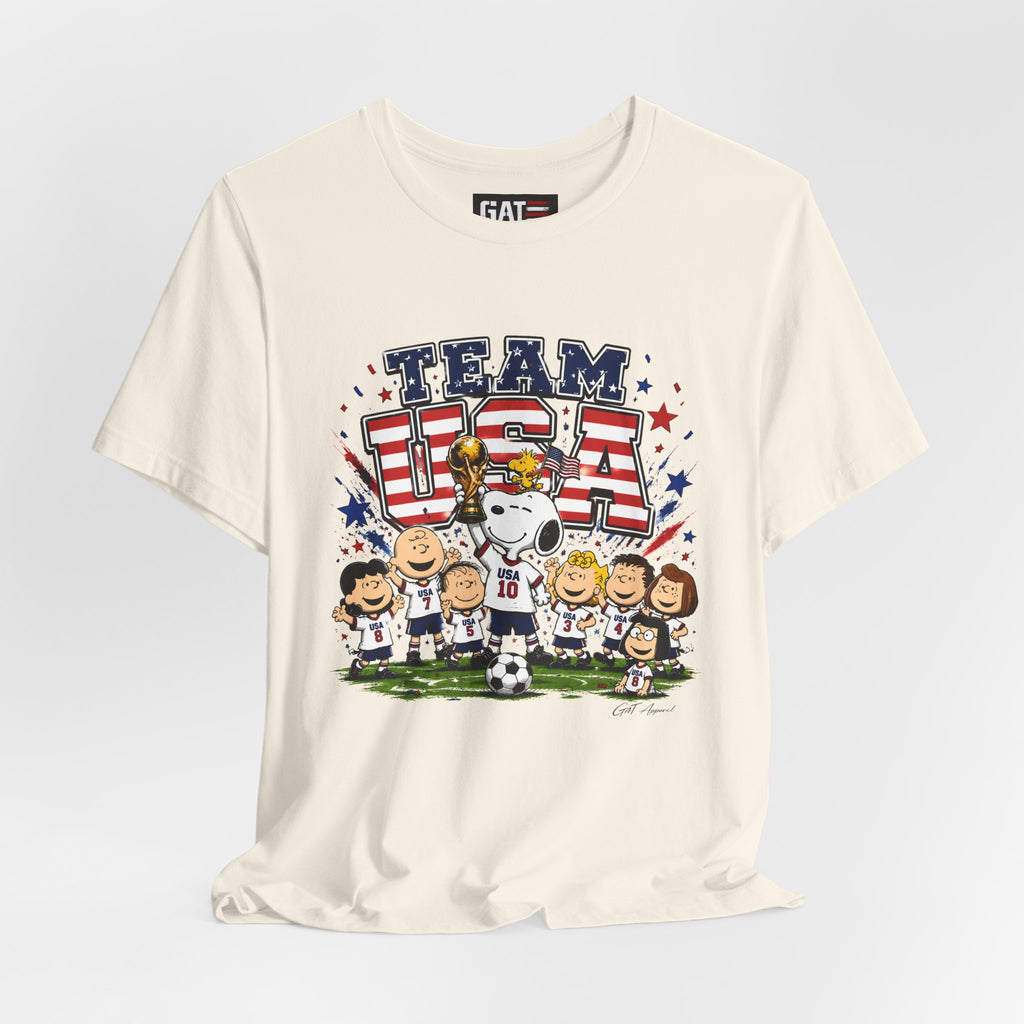 Team USA Soccer Peanuts Gang Shirt Patriotic Snoopy & Friends World Cup Celebration Tee