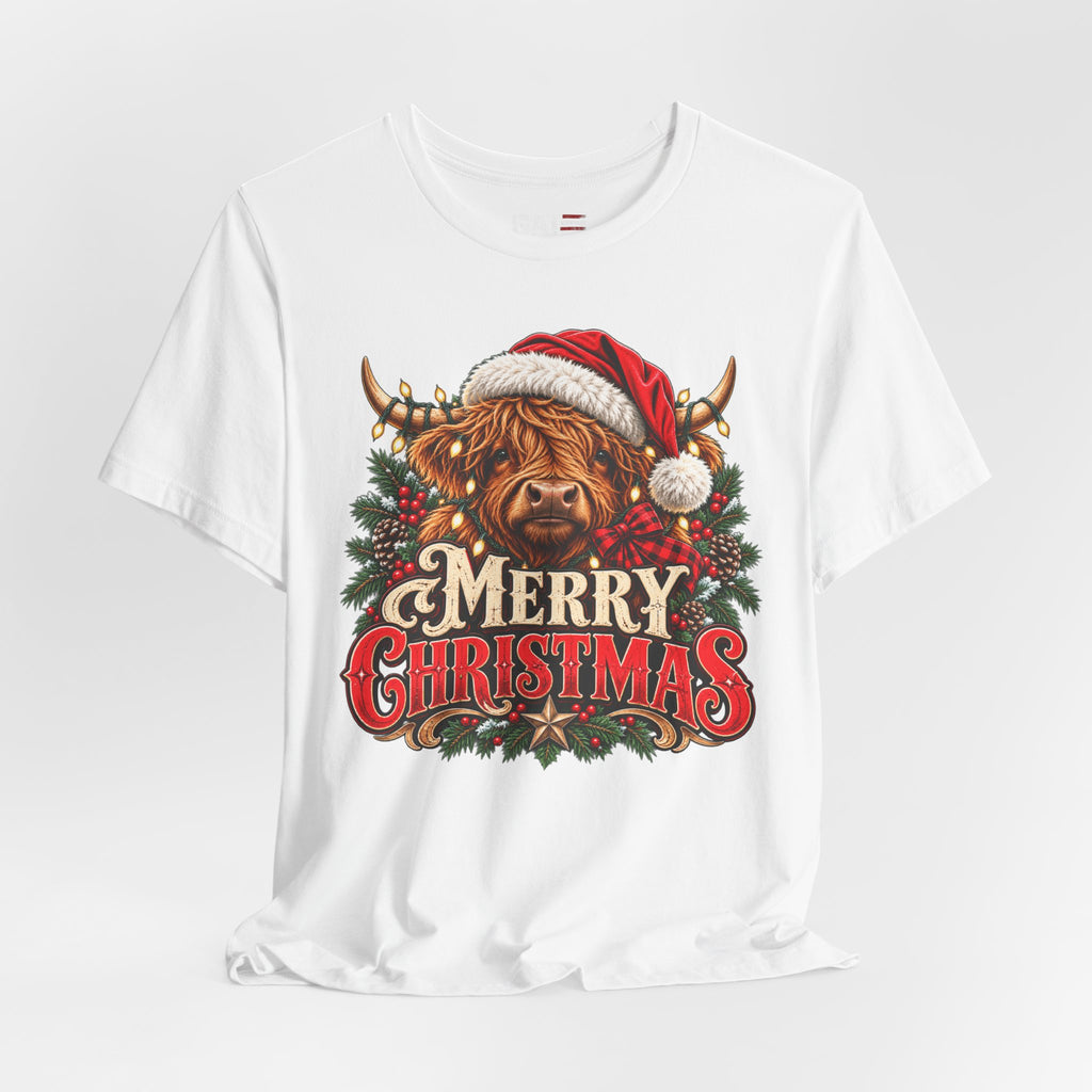 white Highland cow Santa hat Merry Christmas graphic T-shirt, styled front view