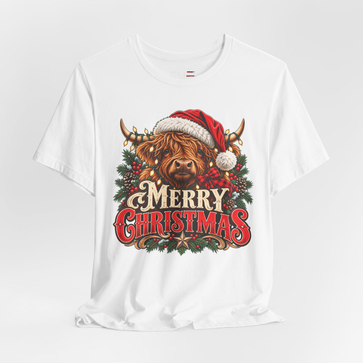 white Highland cow Santa hat Merry Christmas graphic T-shirt, styled front view