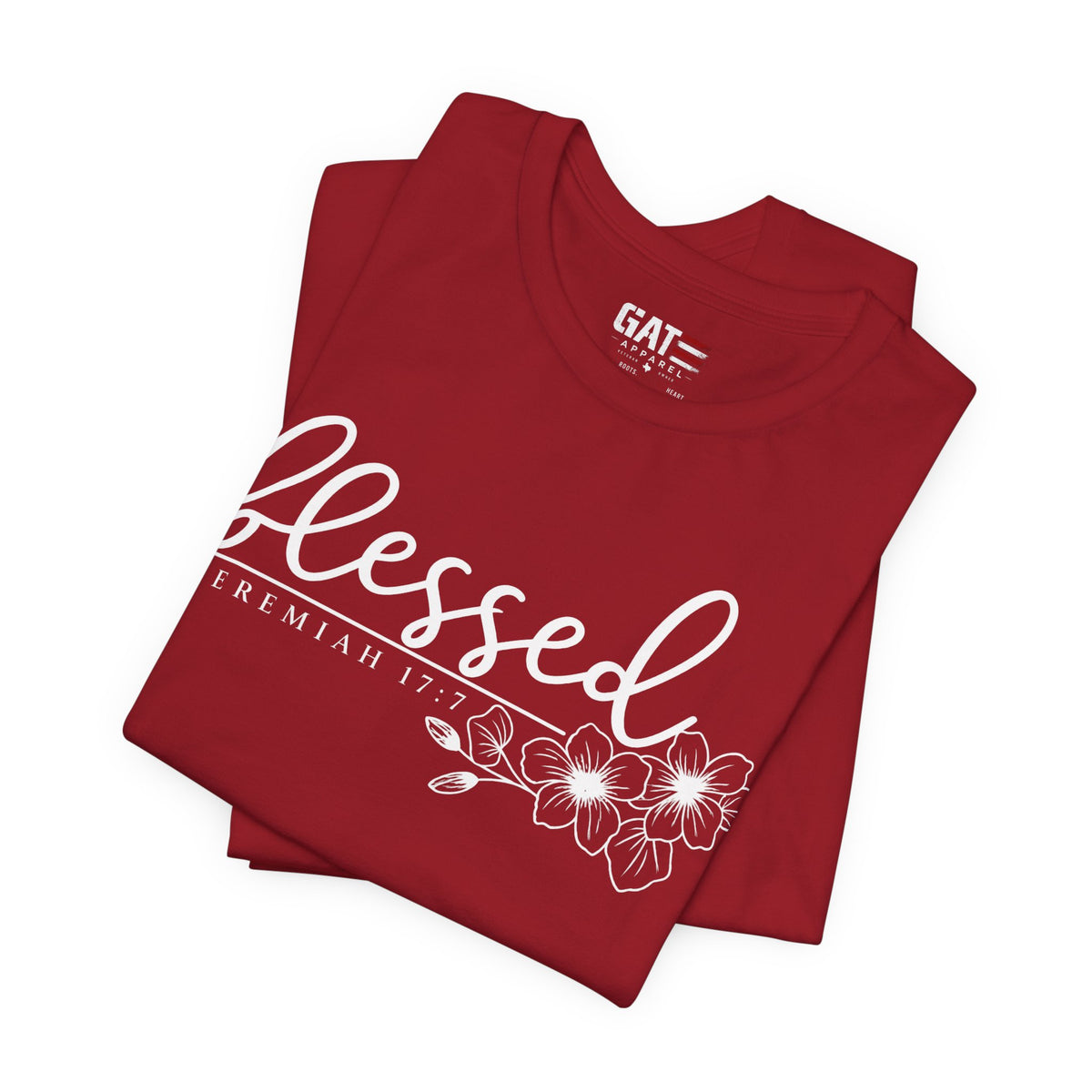 Blessed Floral Tee — 'Blessed' Script T-Shirt with Jeremiah 17:7 Bible Verse