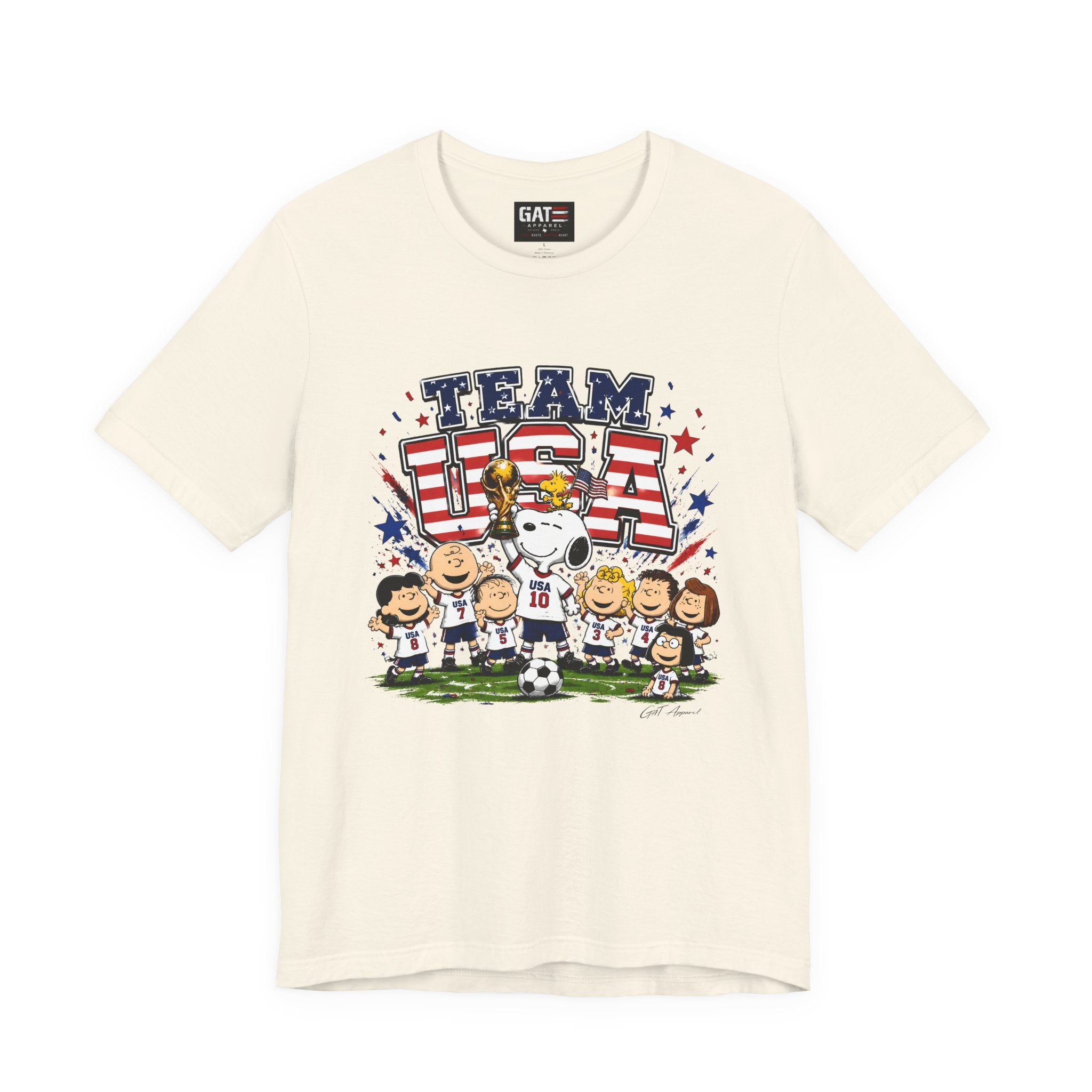 Team USA Soccer Peanuts Gang Shirt Patriotic Snoopy & Friends World Cup Celebration Tee