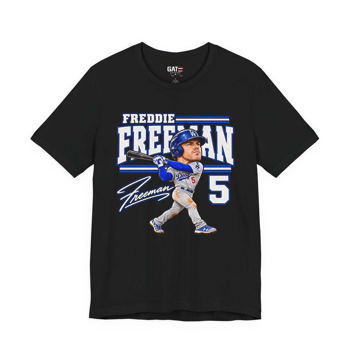 Freddie Freeman number 5 Dodgers baseball graphic T-shirt, black front view