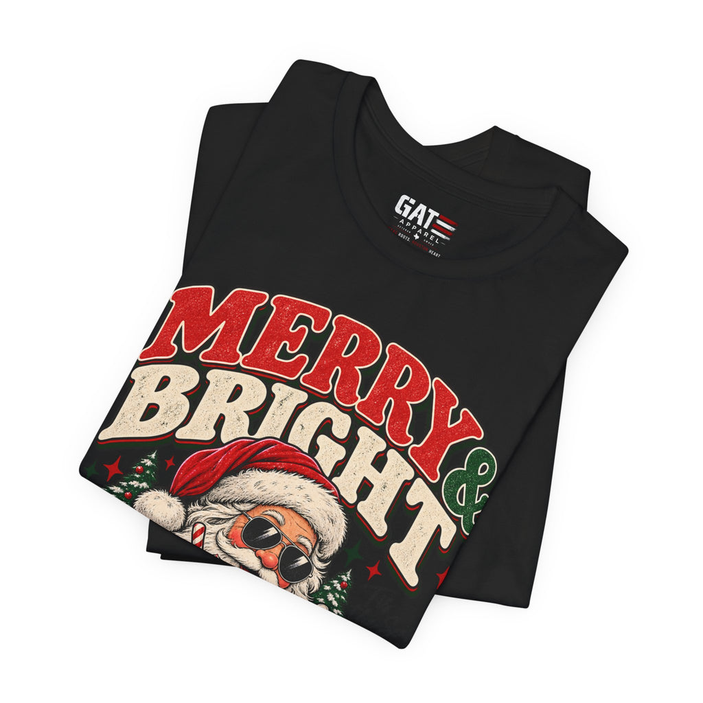Merry & Bright Santa Tee – Retro Christmas Short Sleeve Shirt