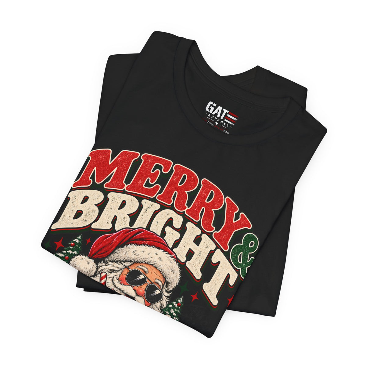 Merry & Bright Santa Tee – Retro Christmas Short Sleeve Shirt