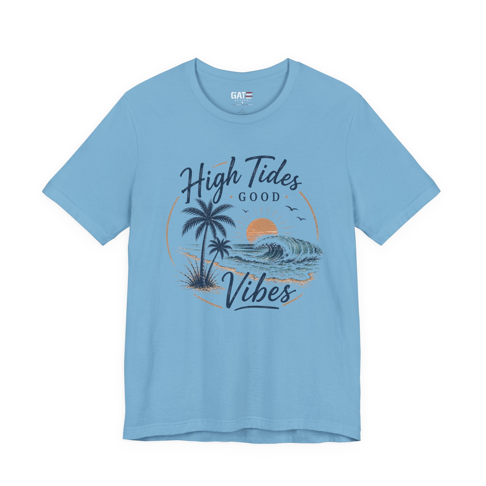 High Tides Good Vibes Beach T-Shirt — Sunset Palm Wave Graphic Tee