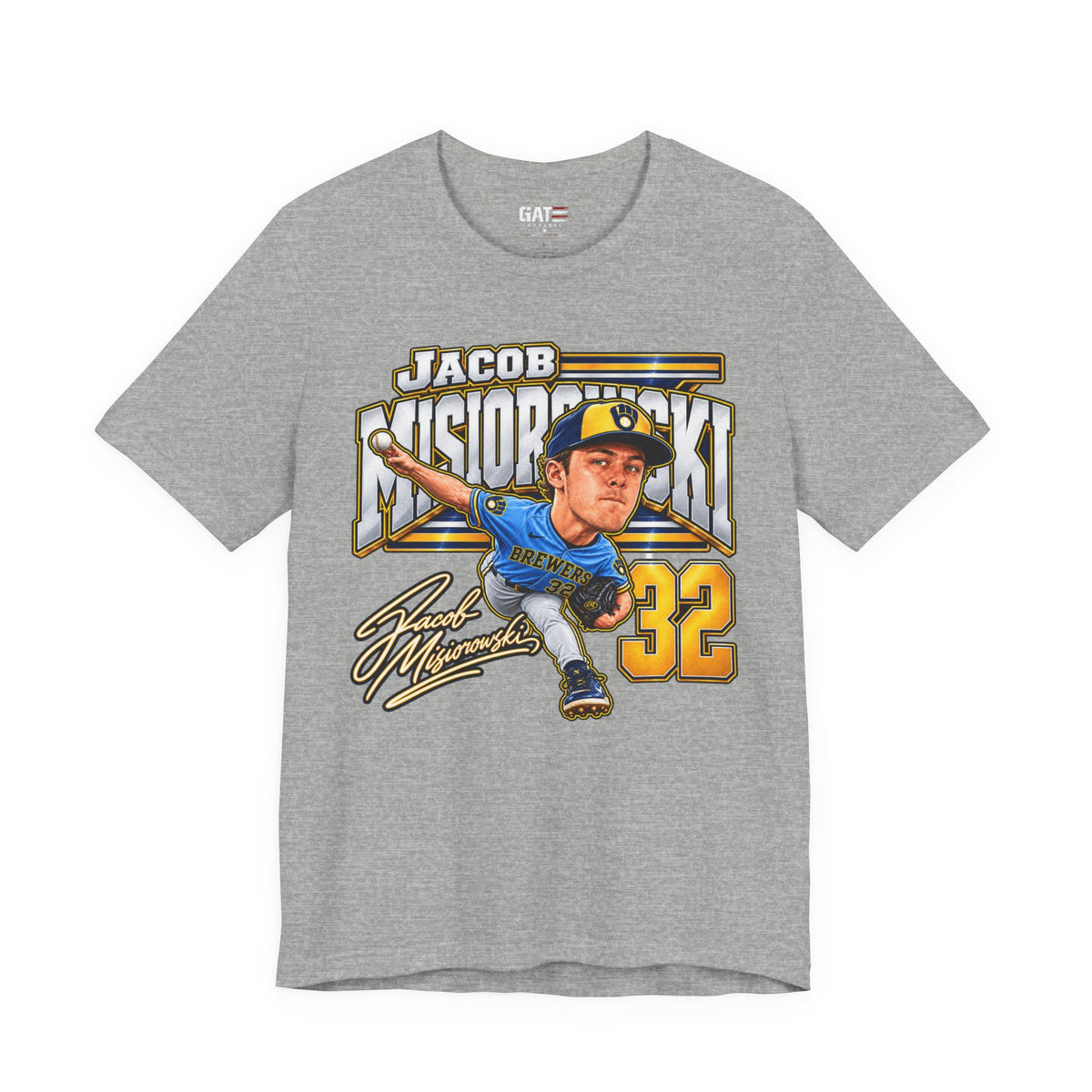 Jacob Misiorowski number 32 Brewers baseball graphic T-shirt, heather grey front view