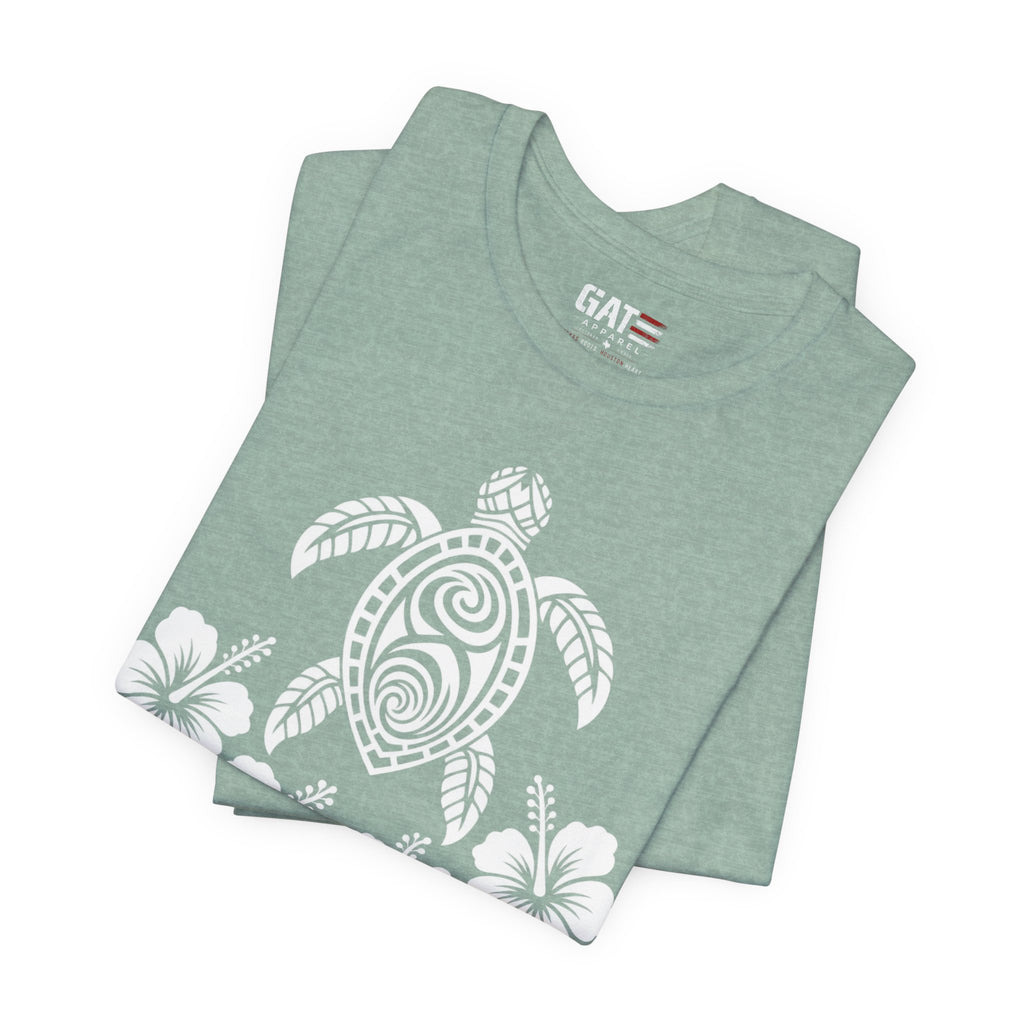 Turtle Hibiscus Surf T‑Shirt — Hawaiian Floral Tribal Sea Turtle Tee